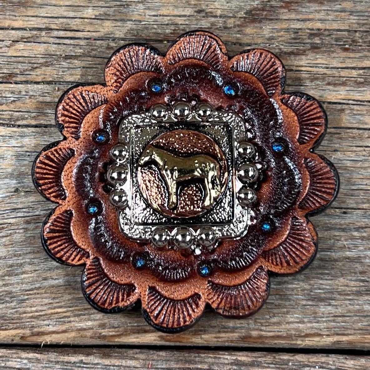 Antique Silver Square Concho with Gold Horse Western Concho W186