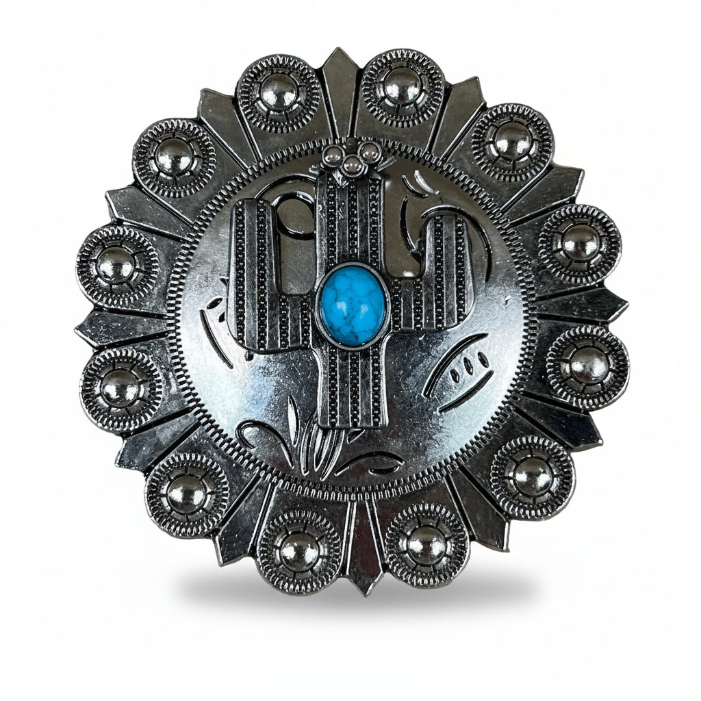 Antique Silver Turquoise Cactus Concho W178