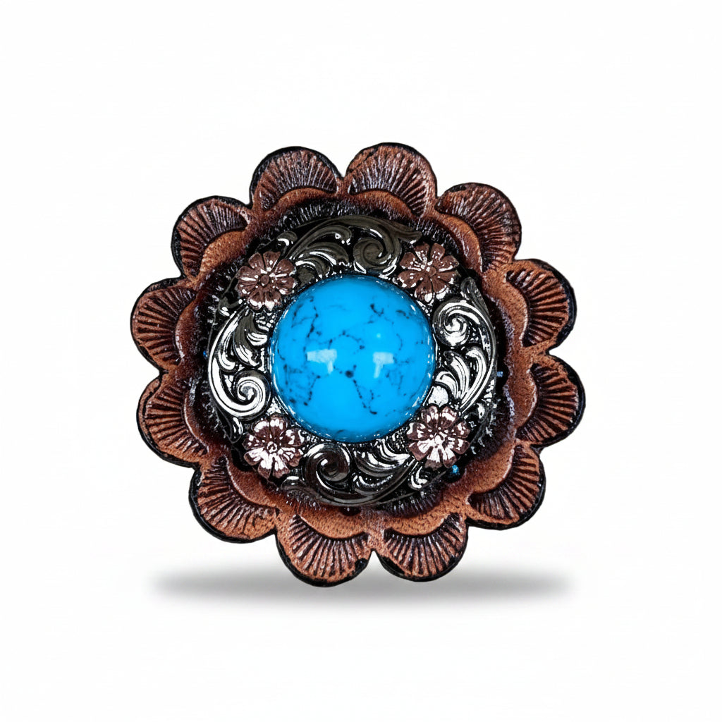 Antique Silver Turquoise Copper Floral Western Concho W222