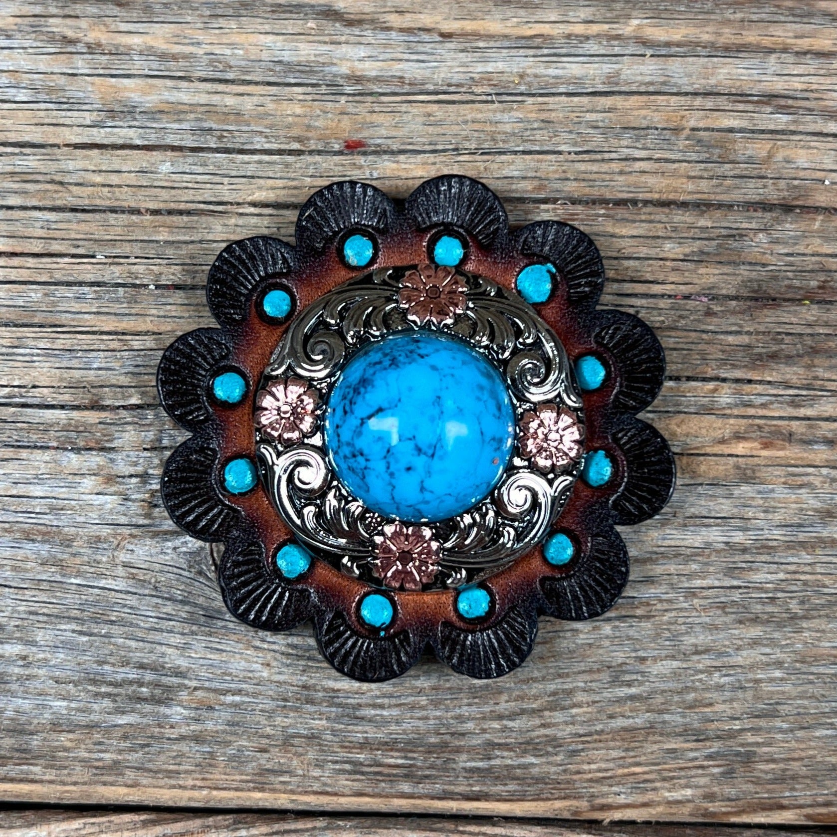 Antique Silver Turquoise Copper Floral Western Concho W222