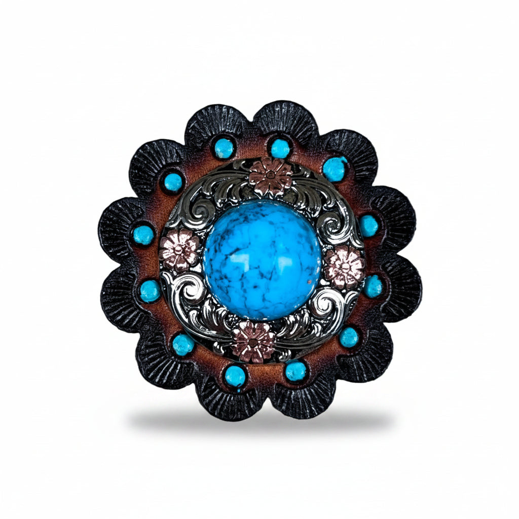 Antique Silver Turquoise Copper Floral Western Concho W222