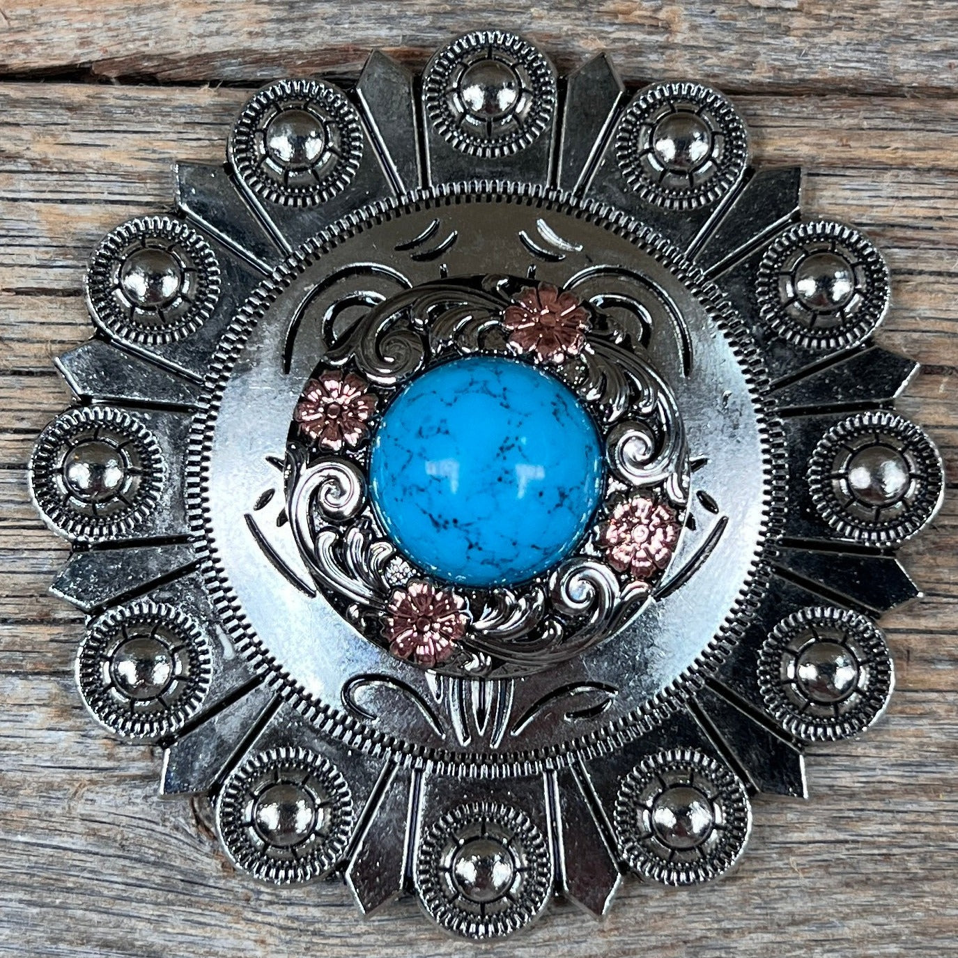 Antique Silver Turquoise Copper Floral Western Concho W222