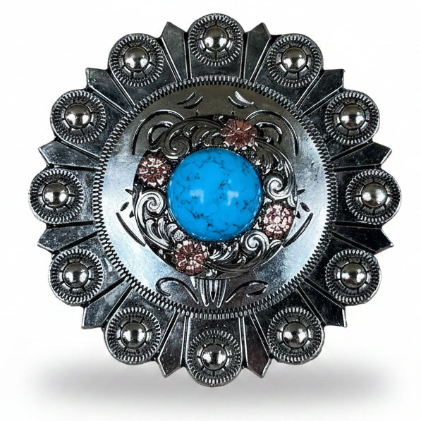 Antique Silver Turquoise Copper Floral Western Concho W222
