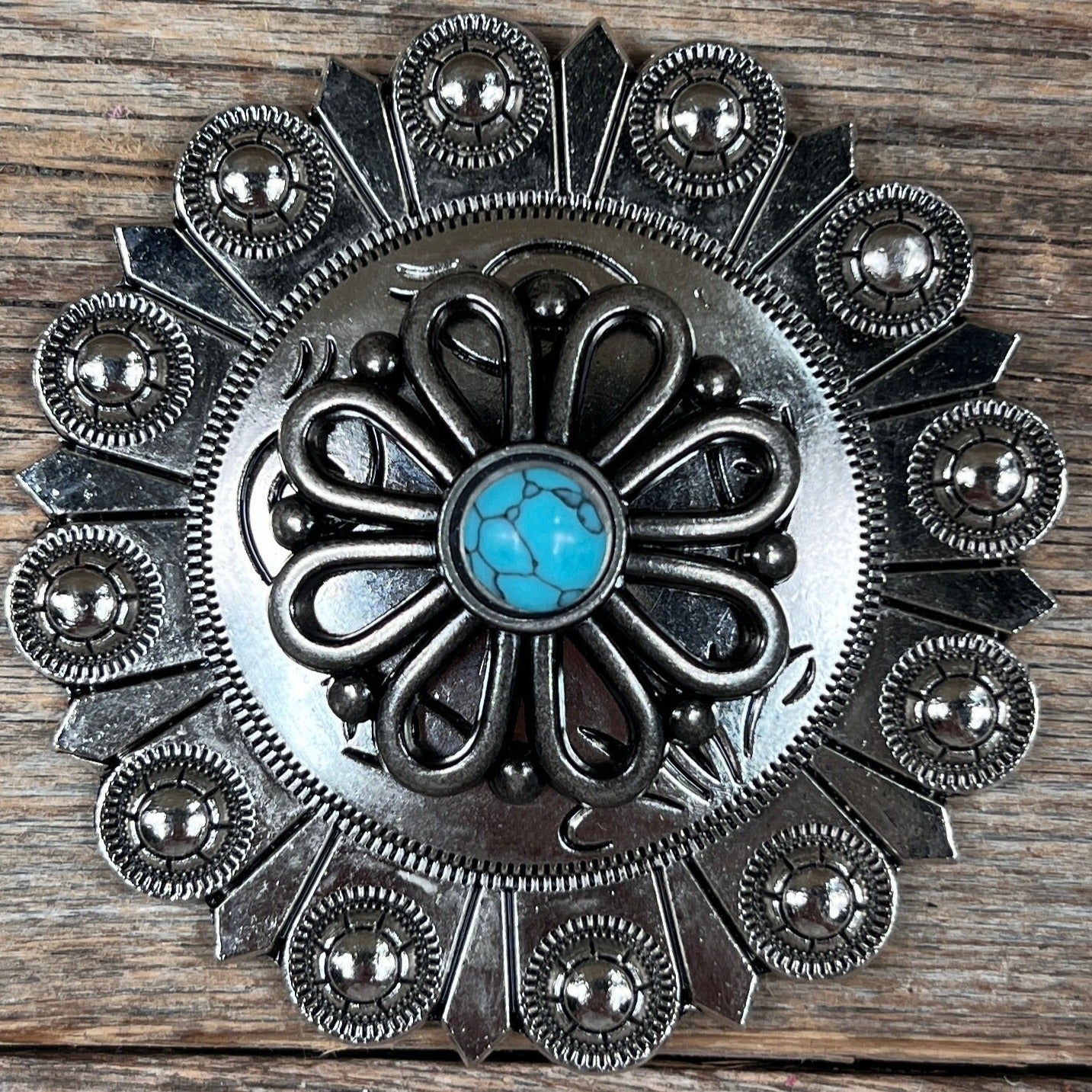 Antique Silver Turquoise Flower Western Concho W231