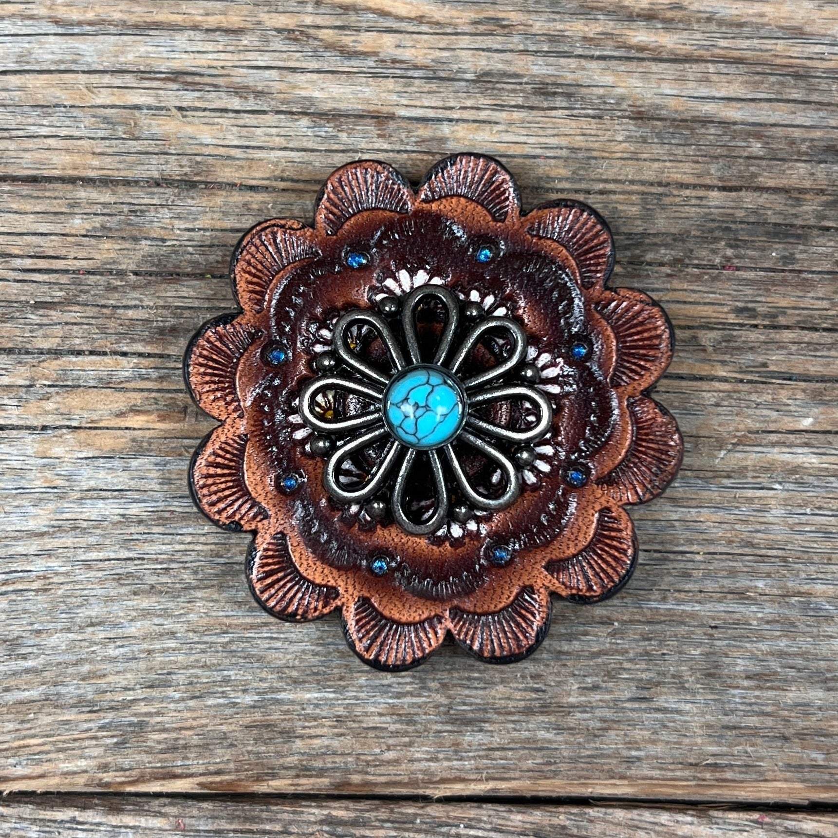 Antique Silver Turquoise Flower Western Concho W231