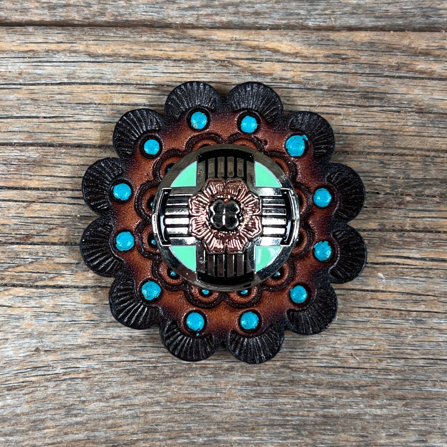 Antique Silver with Copper Flower Western Concho W190