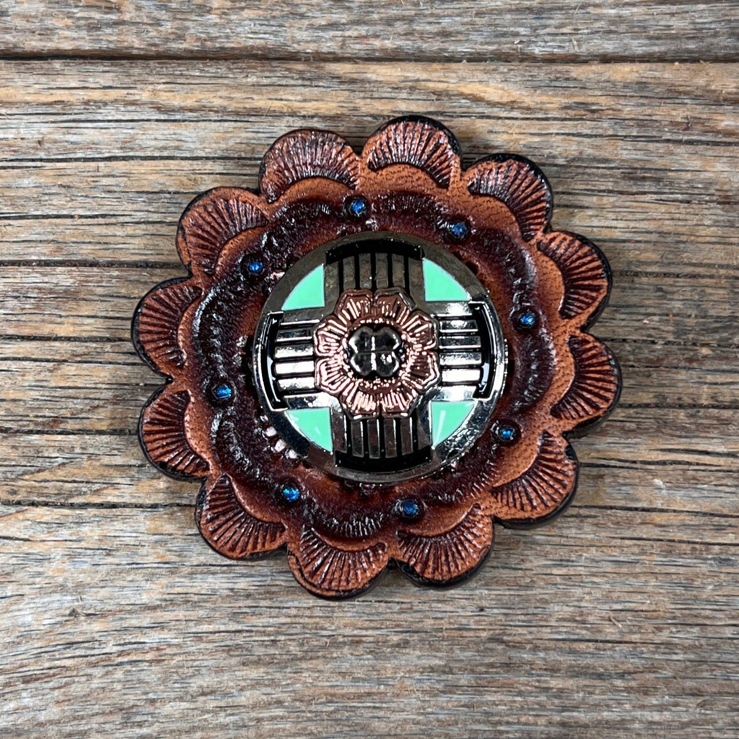 Antique Silver with Copper Flower Western Concho W190