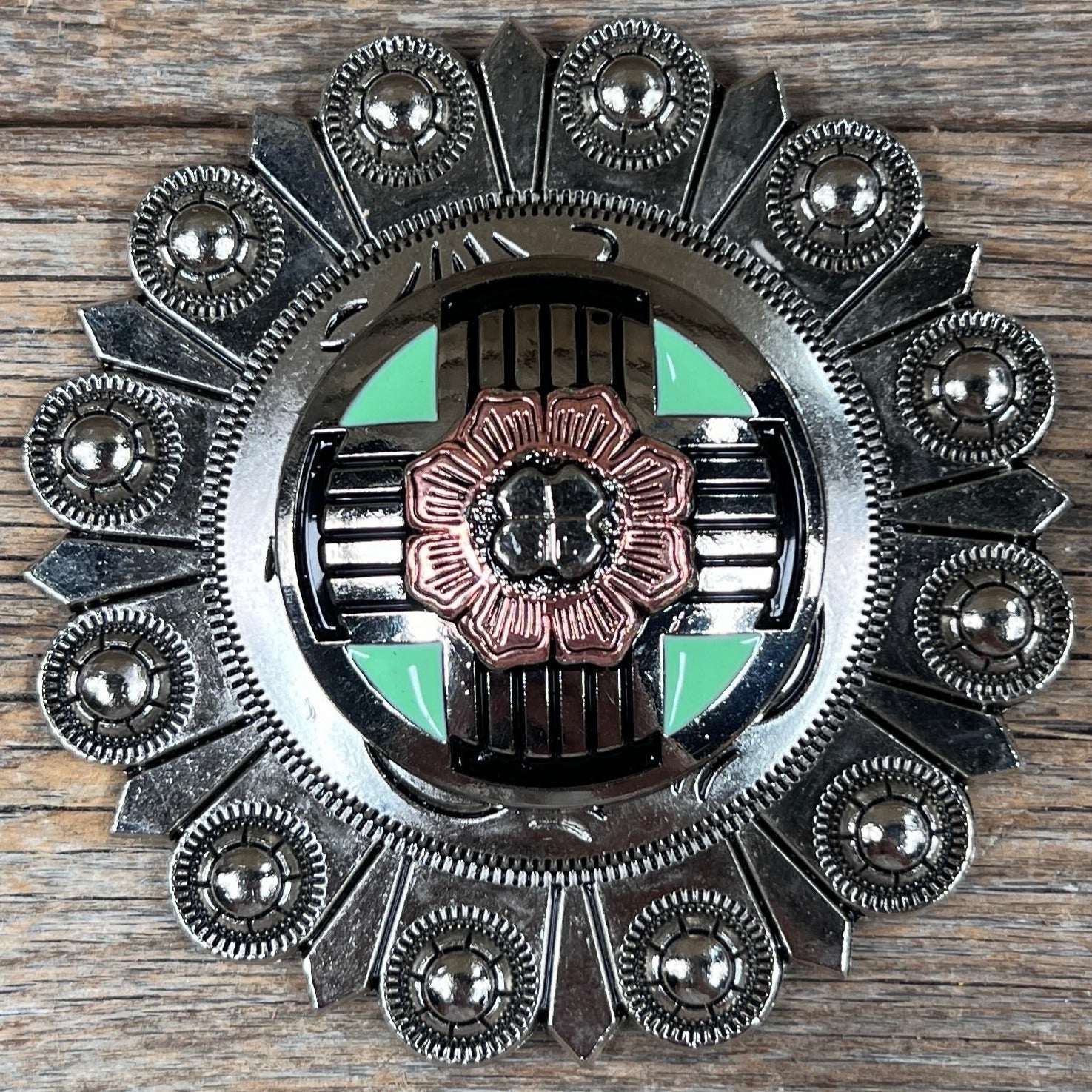 Antique Silver with Copper Flower Western Concho W190