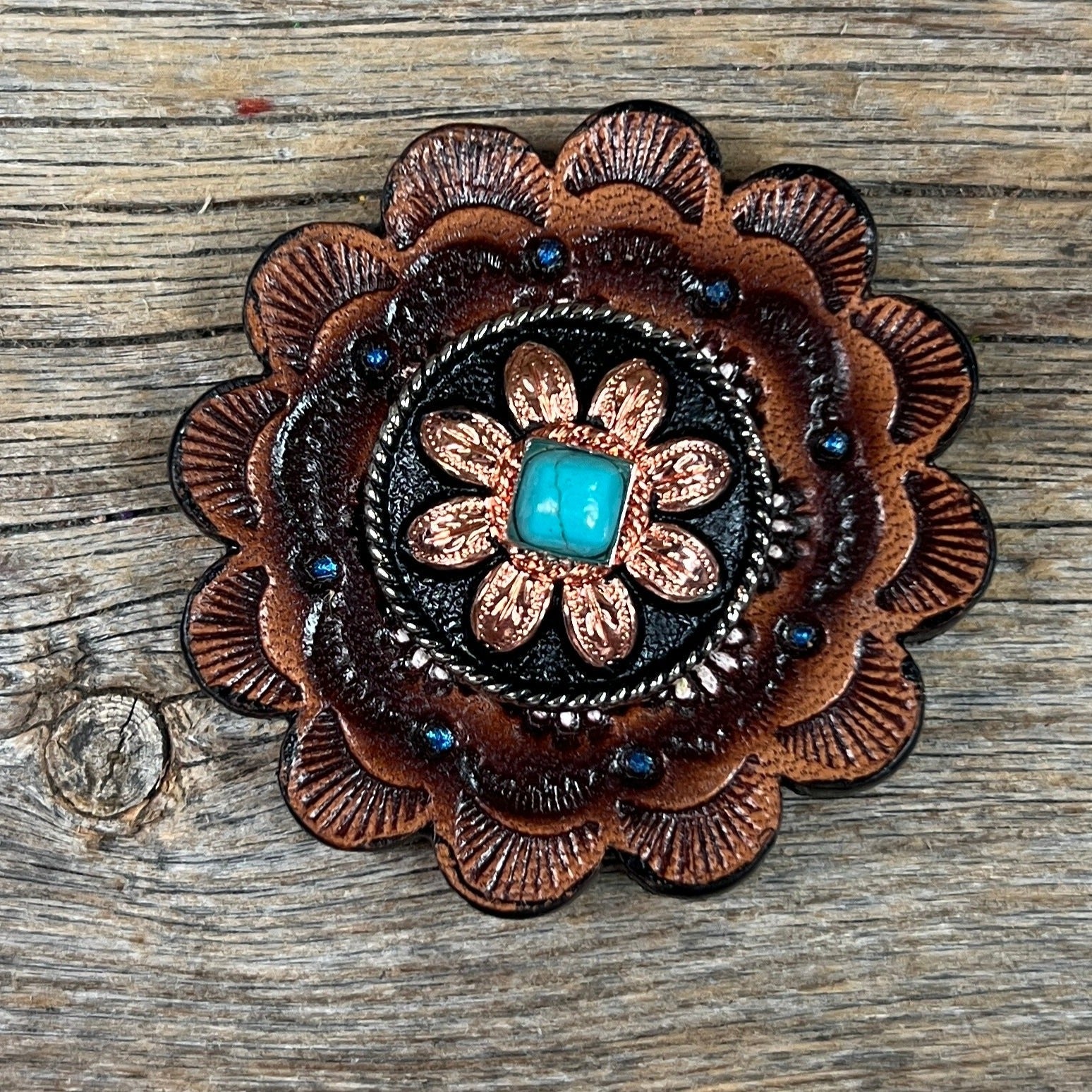 Copper Turquoise Sunflower Western Concho W188