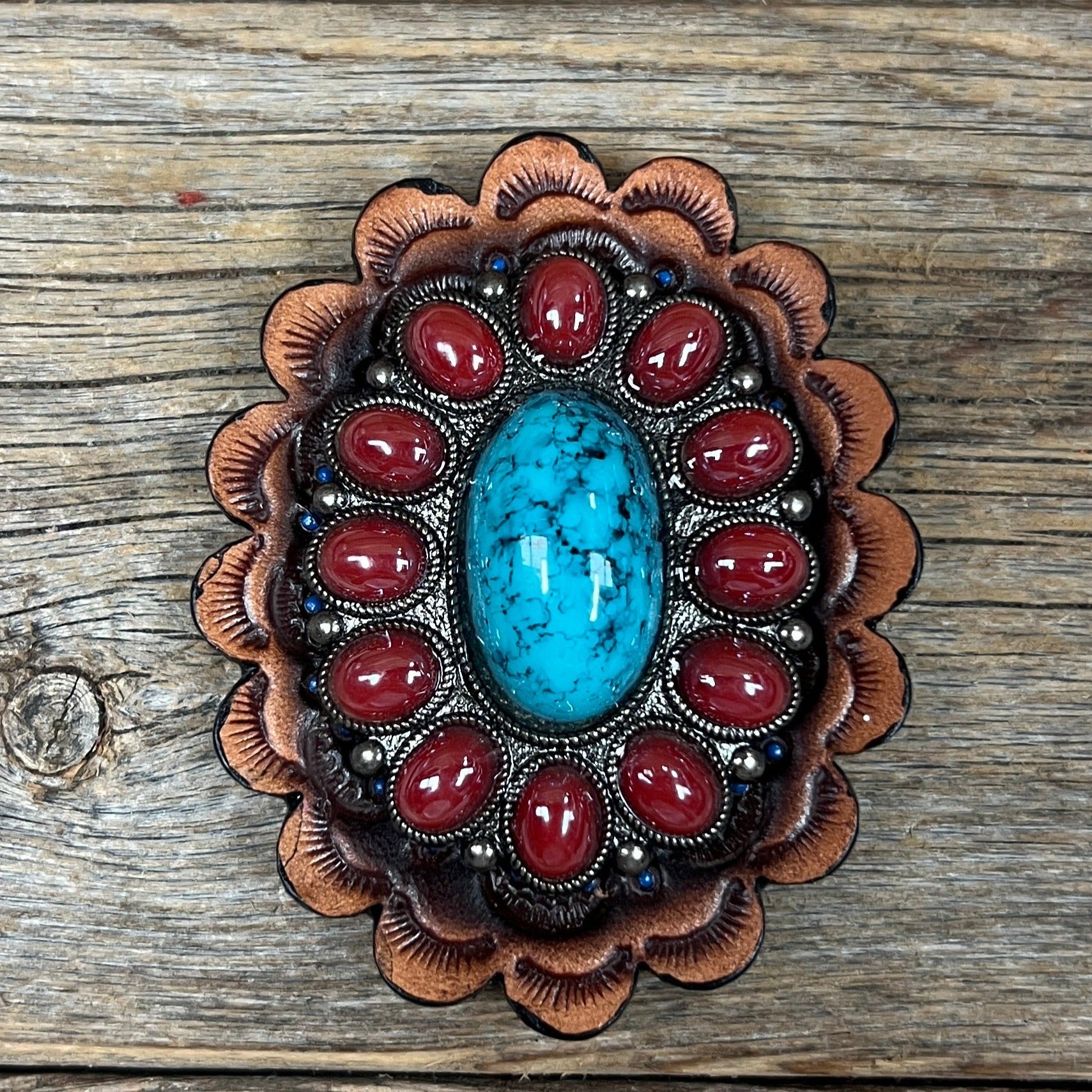 Large Turquoise and Garnet Western Concho W213