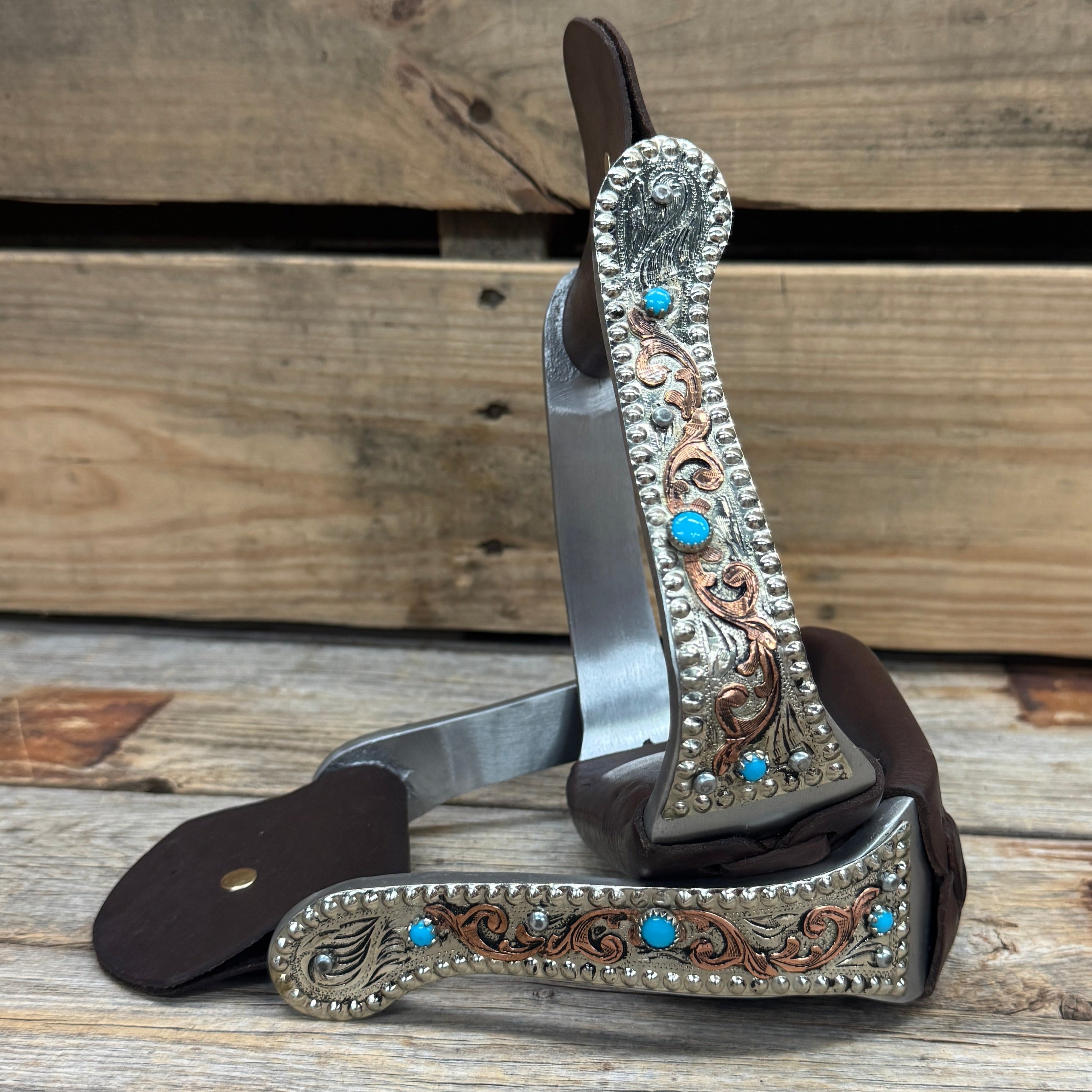 Hand Engraved Copper and Turquoise Angled Barrel Racing Western Stirrups BRS101