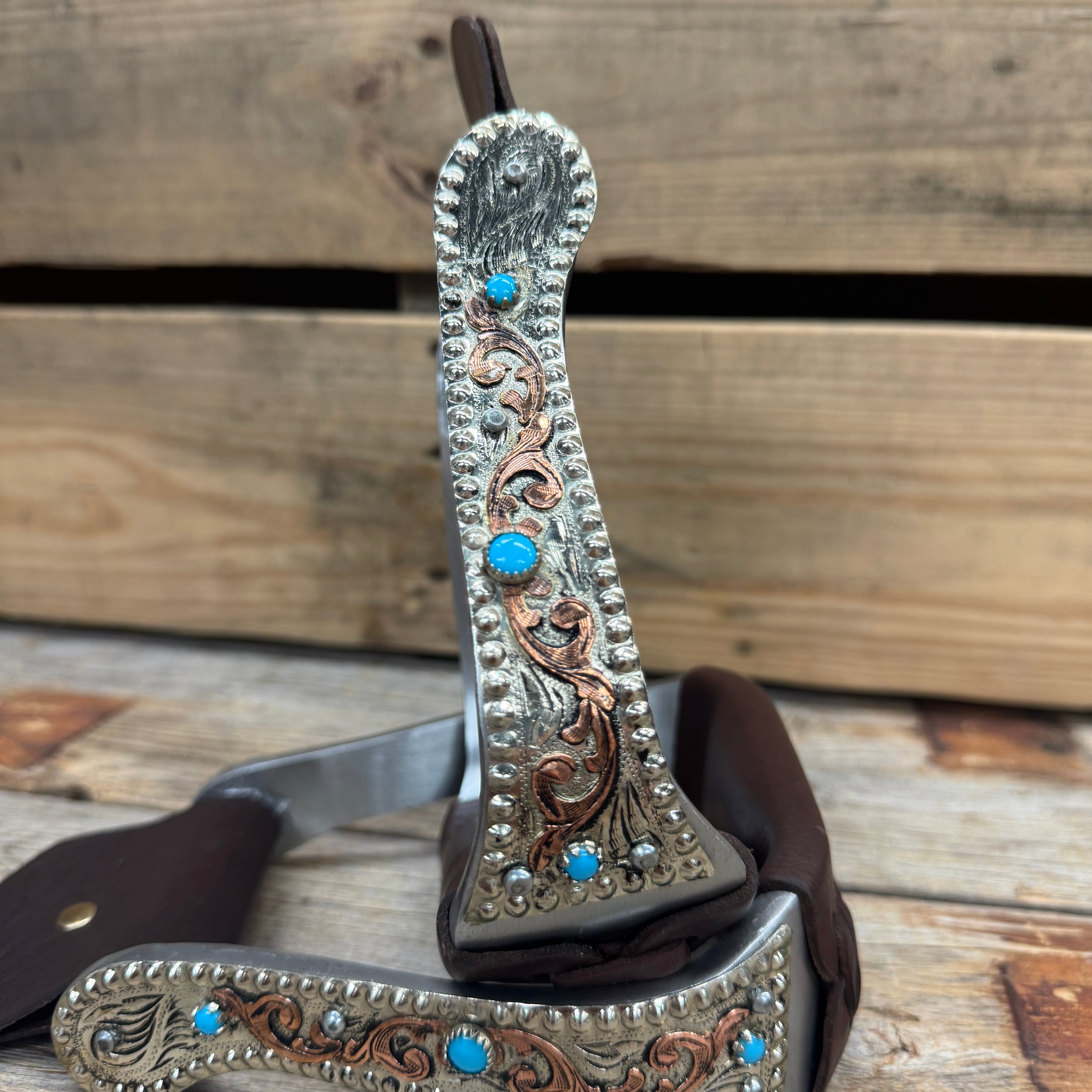Hand Engraved Copper and Turquoise Angled Barrel Racing Western Stirrups BRS101