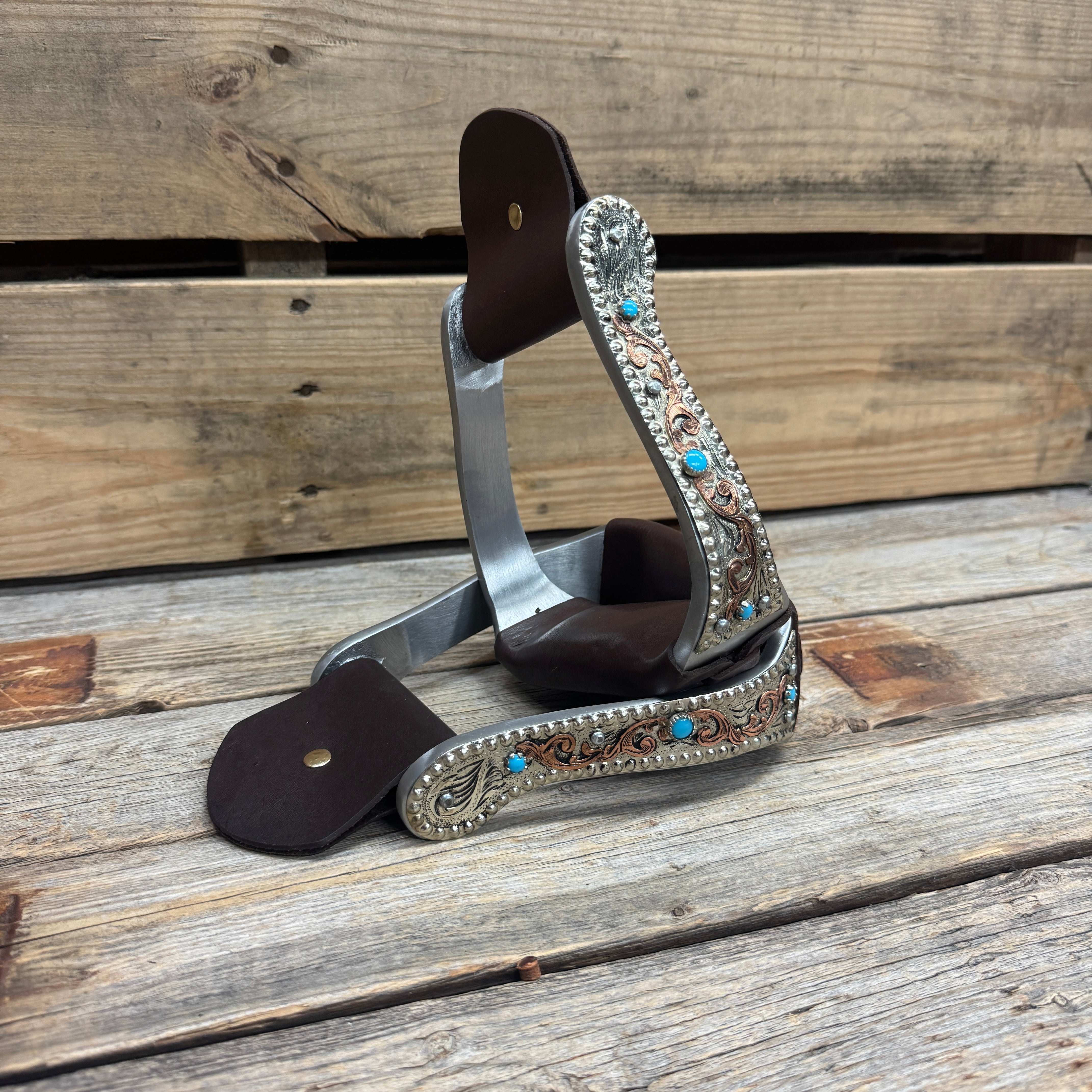 Hand Engraved Copper and Turquoise Angled Barrel Racing Western Stirrups BRS101