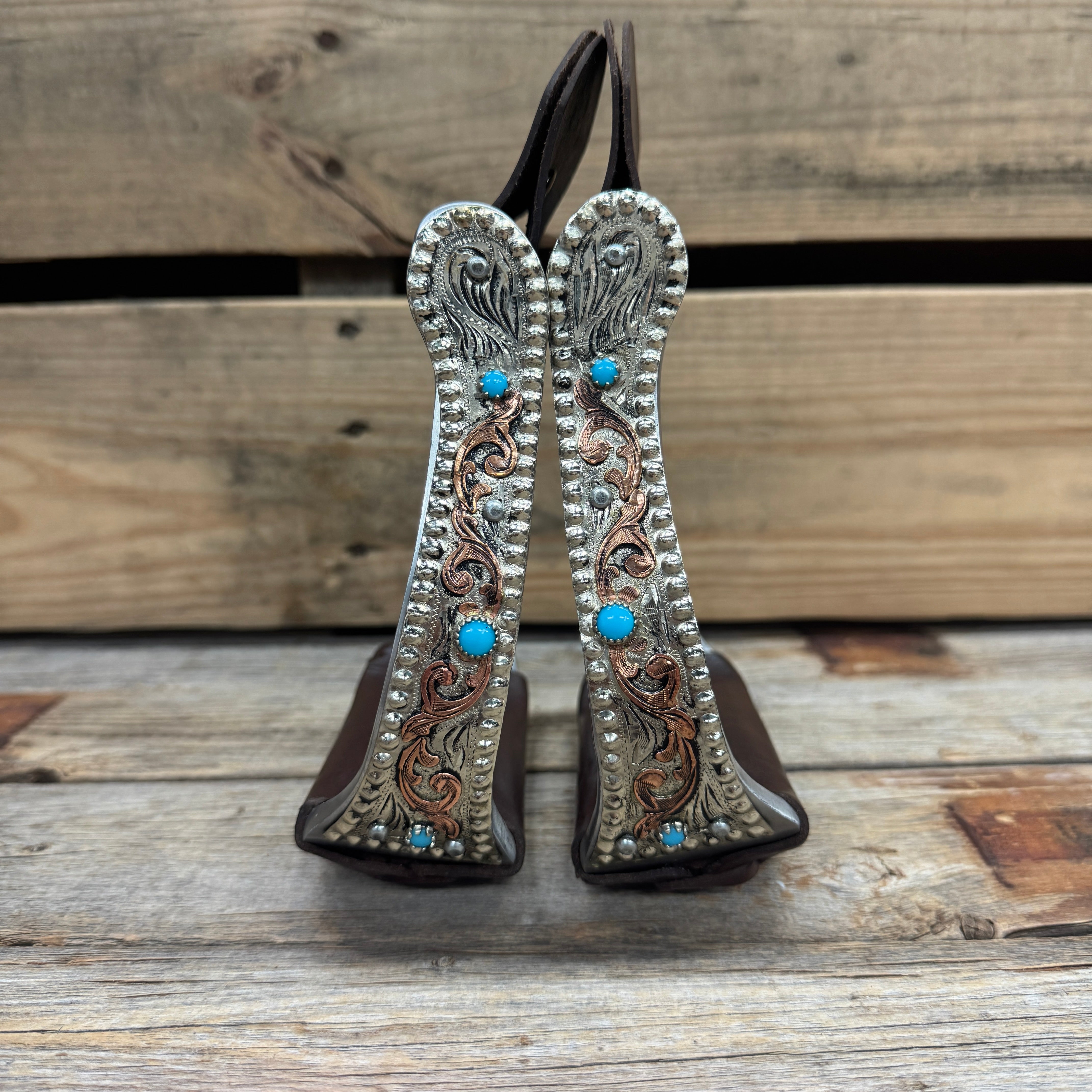 Hand Engraved Copper and Turquoise Angled Barrel Racing Western Stirrups BRS101
