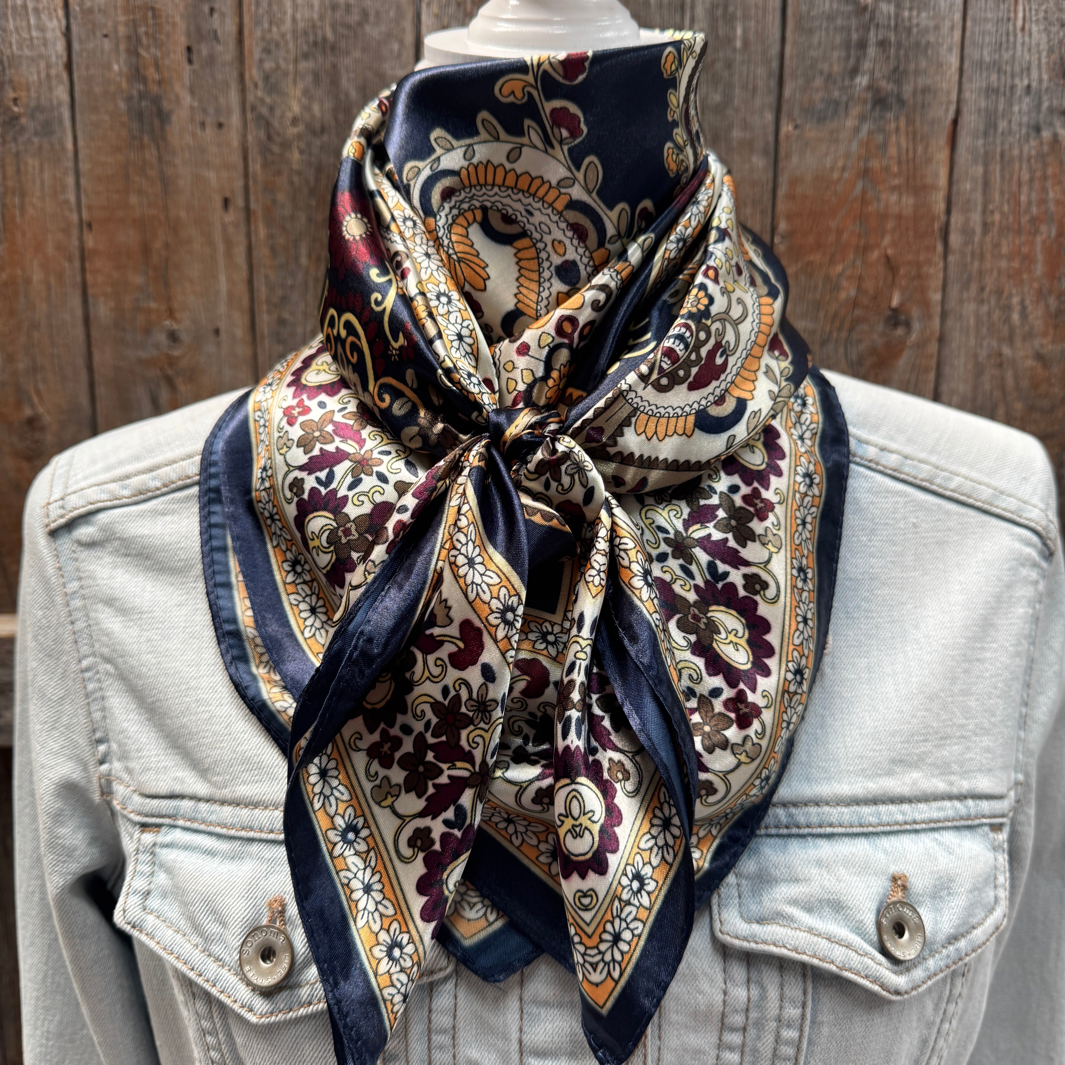 35X35" Navy and Gold Flowers and Paisley Wild Rag / Scarf WR1030X