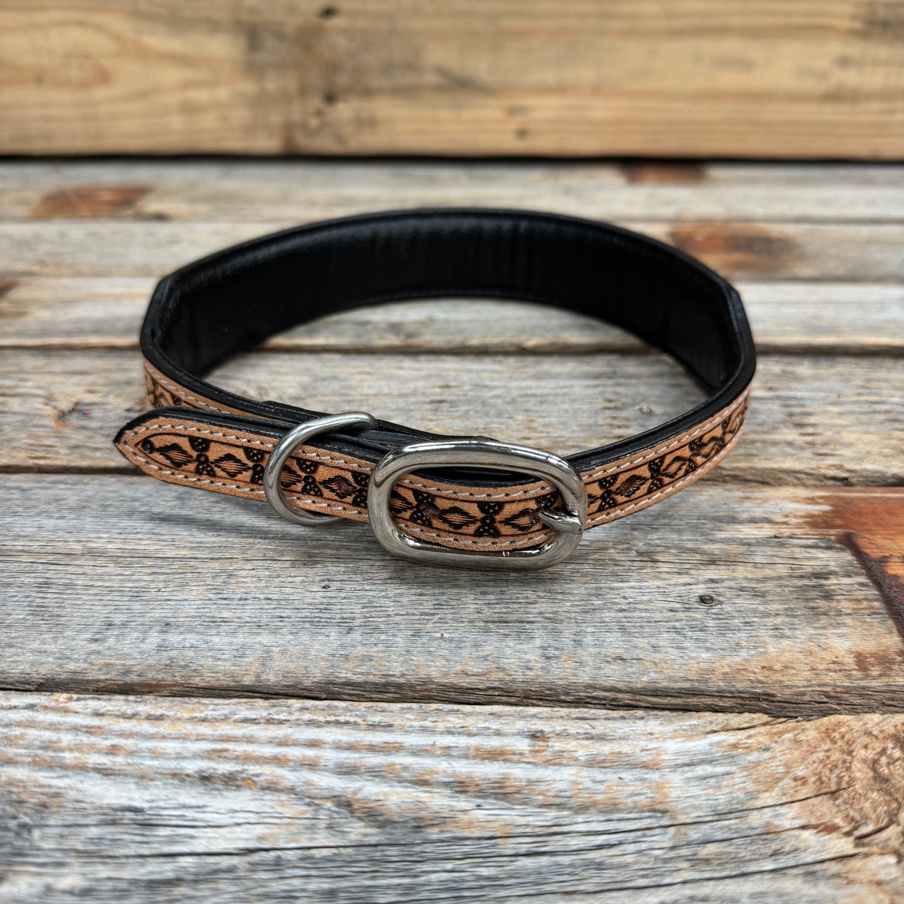 Light Oil Floral Genuine Leather Padded Dog Collar #FKDC3