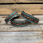 Turquoise Floral Genuine Leather Padded Dog Collar #FKDC1