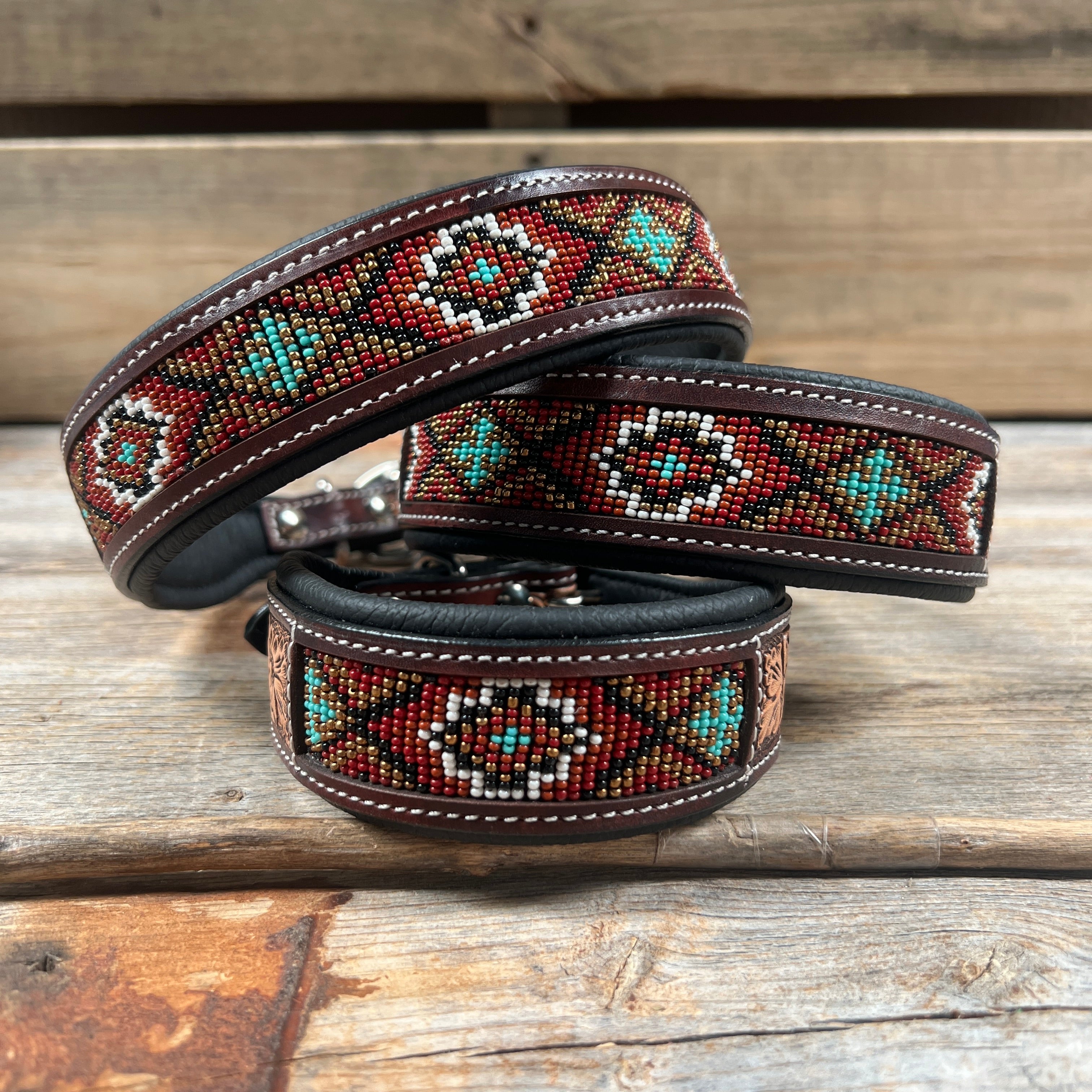 Tooled Red and Brown Genuine Leather Beaded Dog Collar #DC450