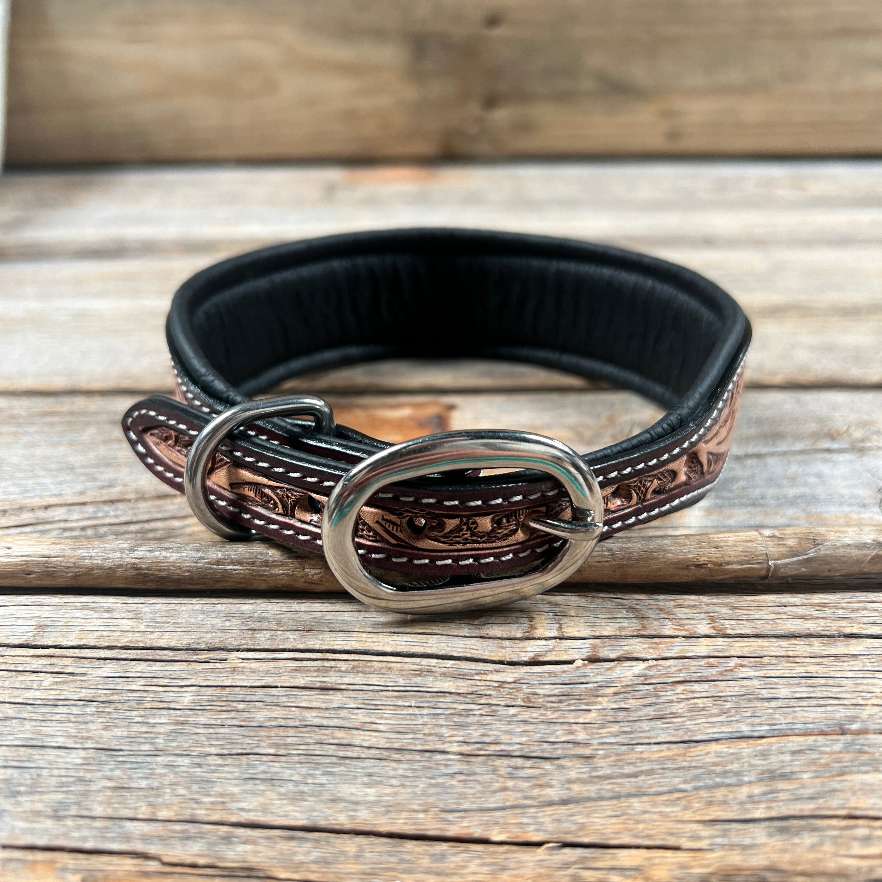 Tooled Red and Brown Genuine Leather Beaded Dog Collar #DC450