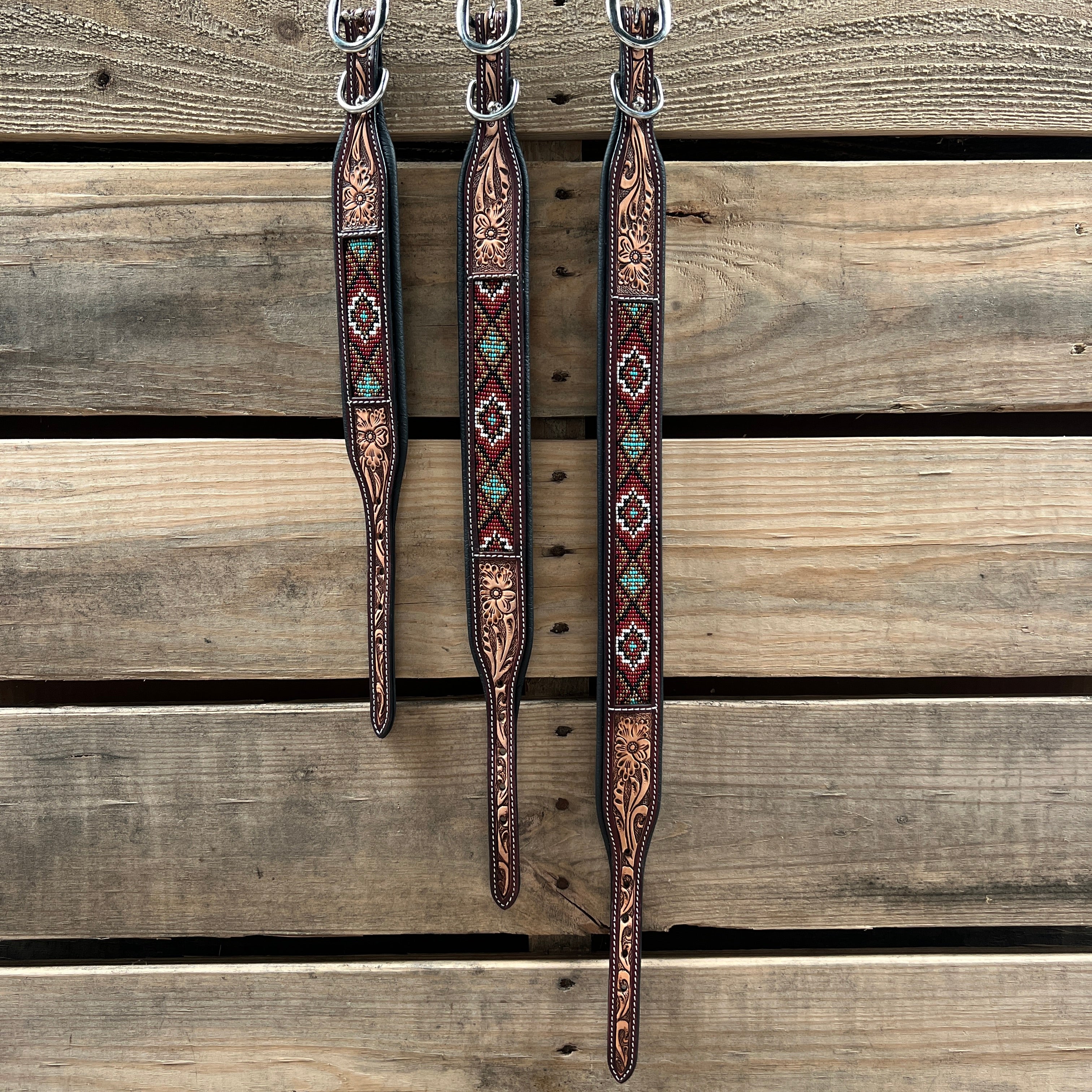 Tooled Red and Brown Genuine Leather Beaded Dog Collar #DC450