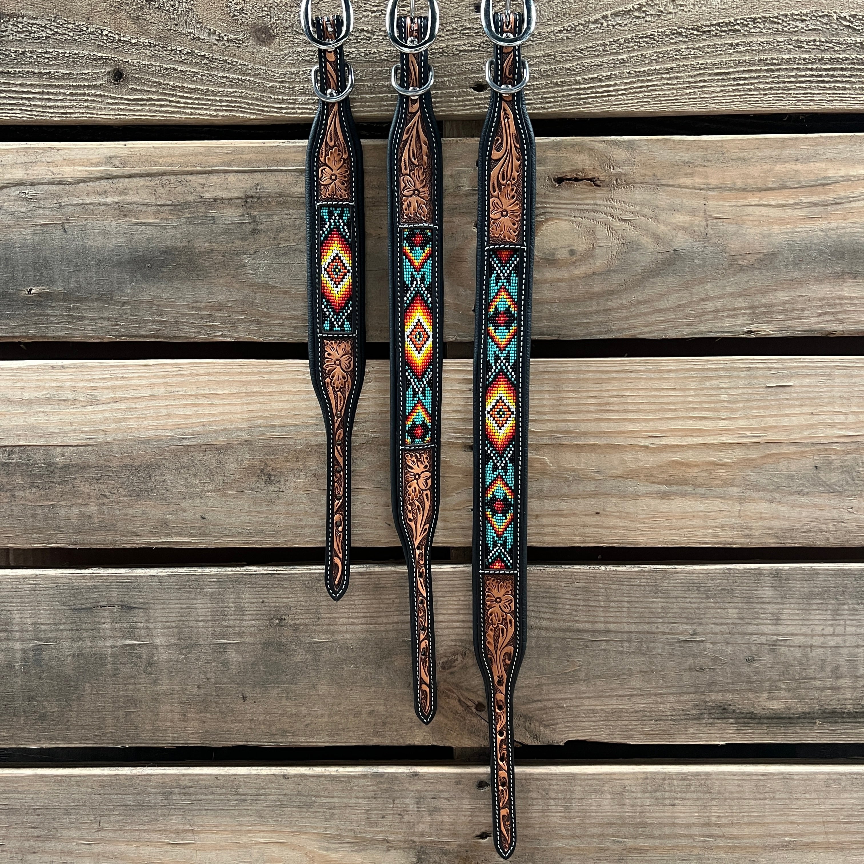 Tooled Turquoise and Black Genuine Leather Beaded Dog Collar #DC448