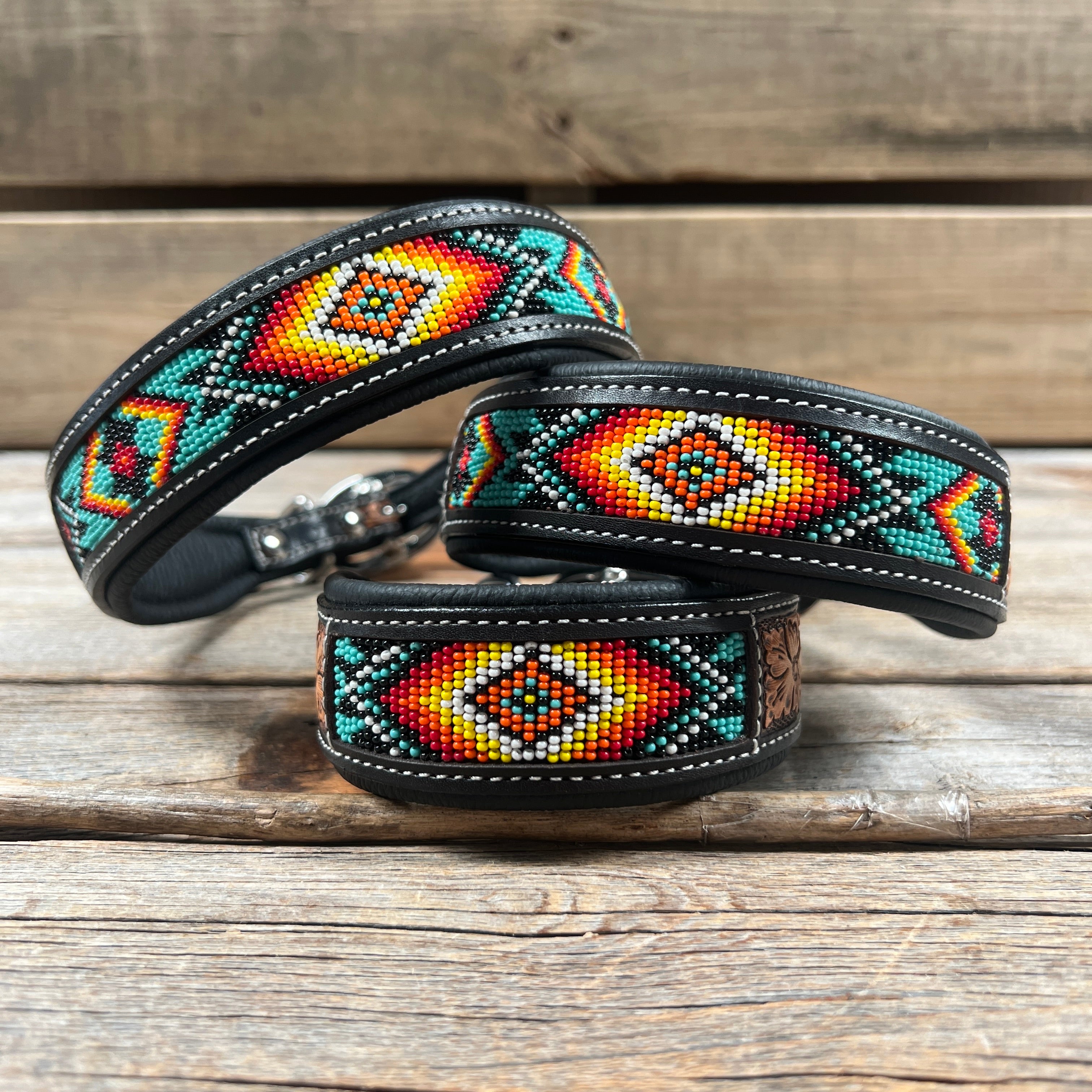 Tooled Turquoise and Black Genuine Leather Beaded Dog Collar #DC448