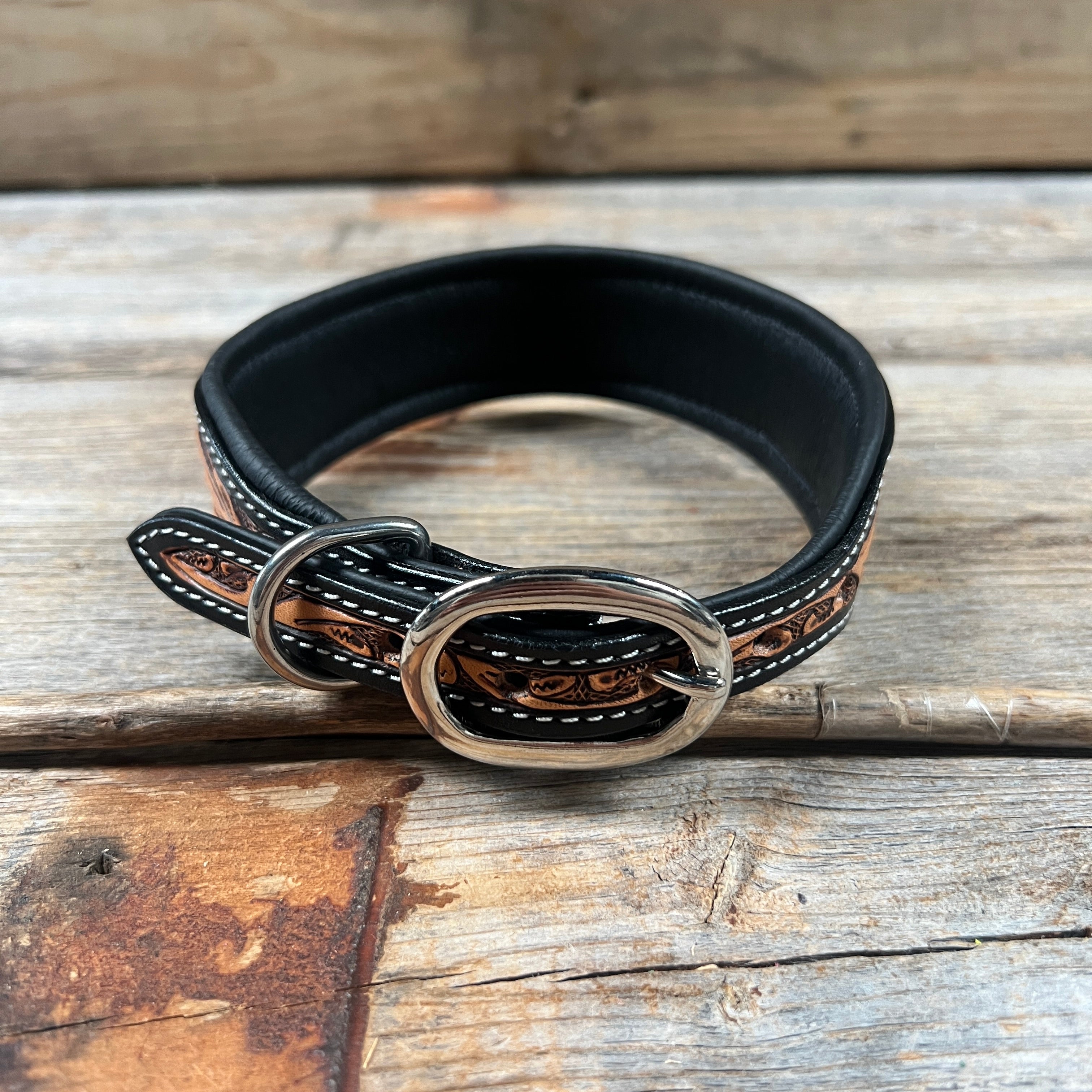 Tooled Turquoise and Black Genuine Leather Beaded Dog Collar #DC448