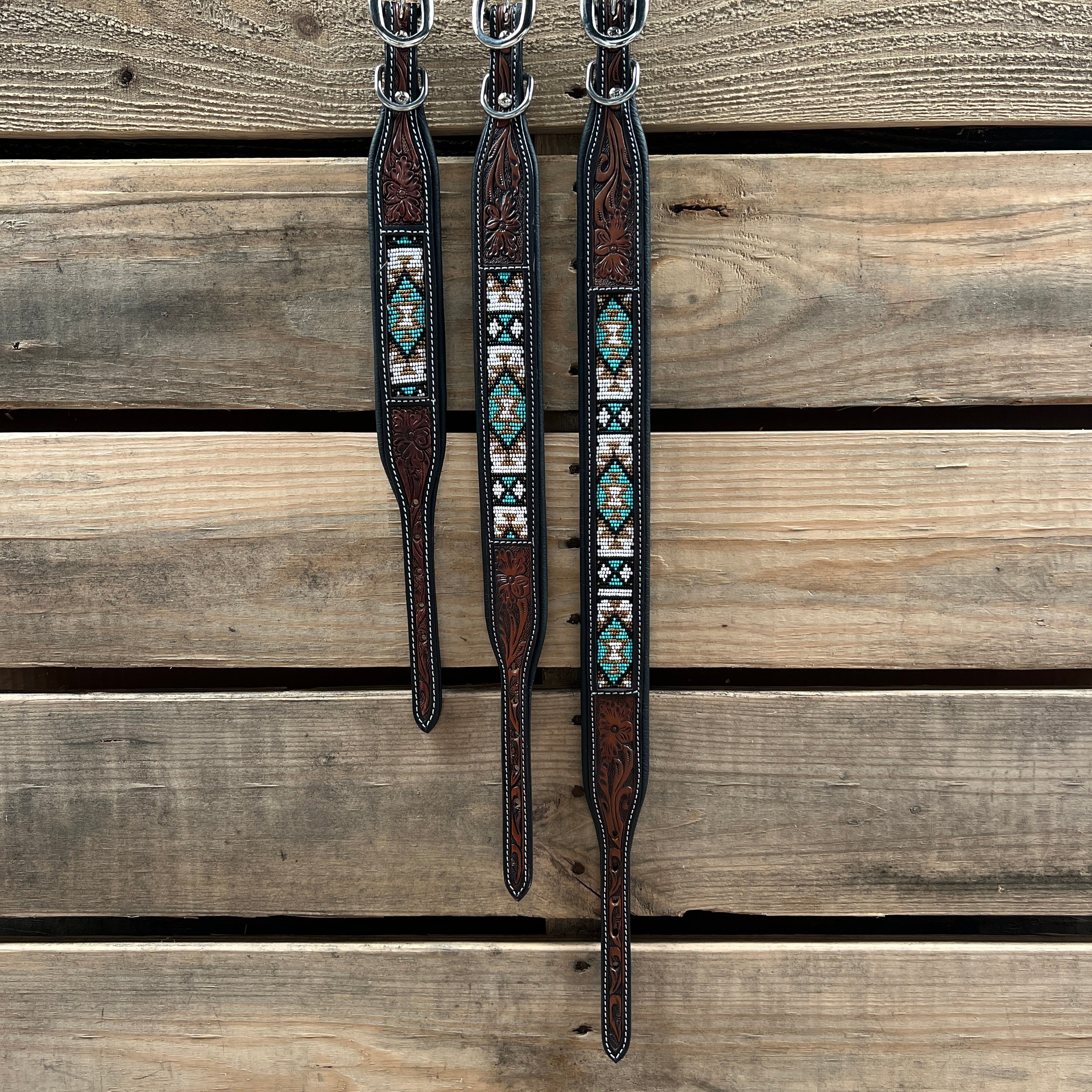 Tooled Turquoise and Gold Genuine Leather Beaded Dog Collar #DC449