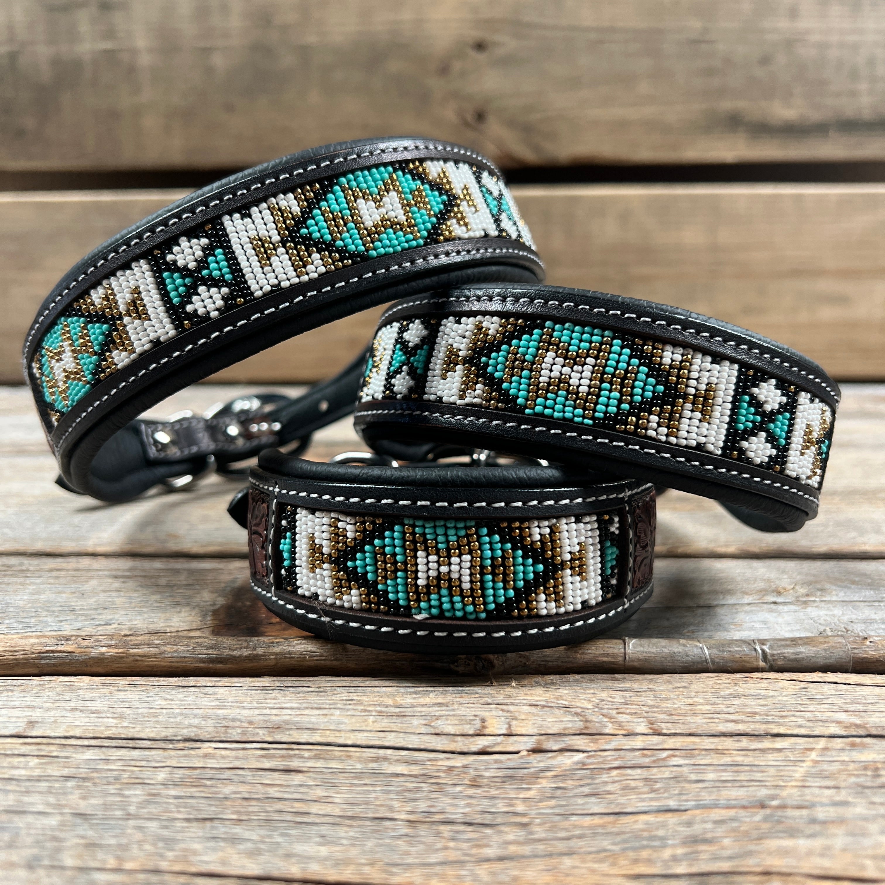 Tooled Turquoise and Gold Genuine Leather Beaded Dog Collar #DC449