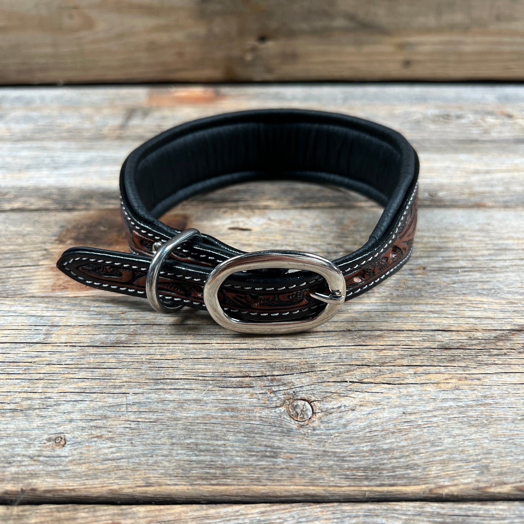 Tooled Turquoise and Gold Genuine Leather Beaded Dog Collar #DC449