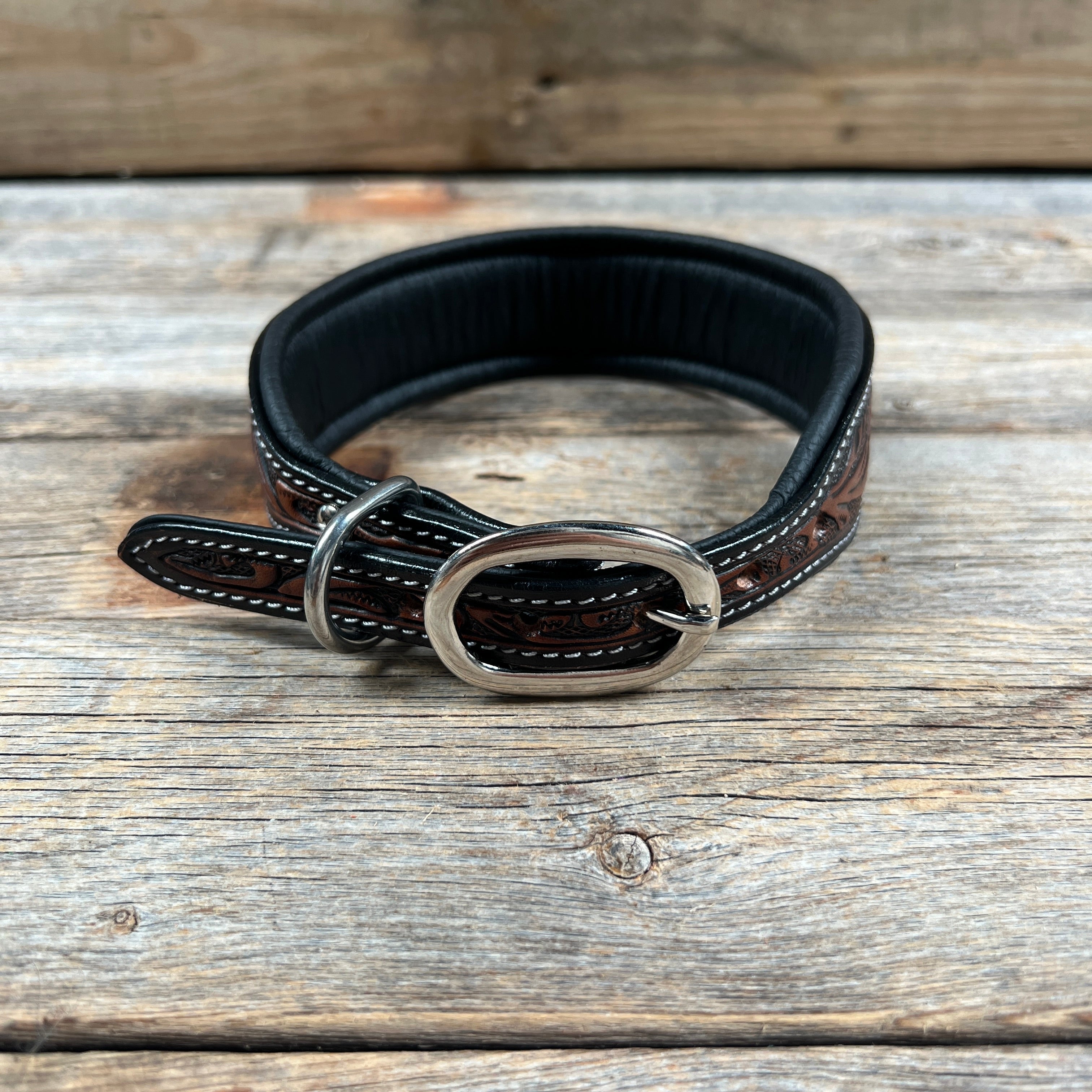 Tooled Turquoise and Gold Genuine Leather Beaded Dog Collar #DC449