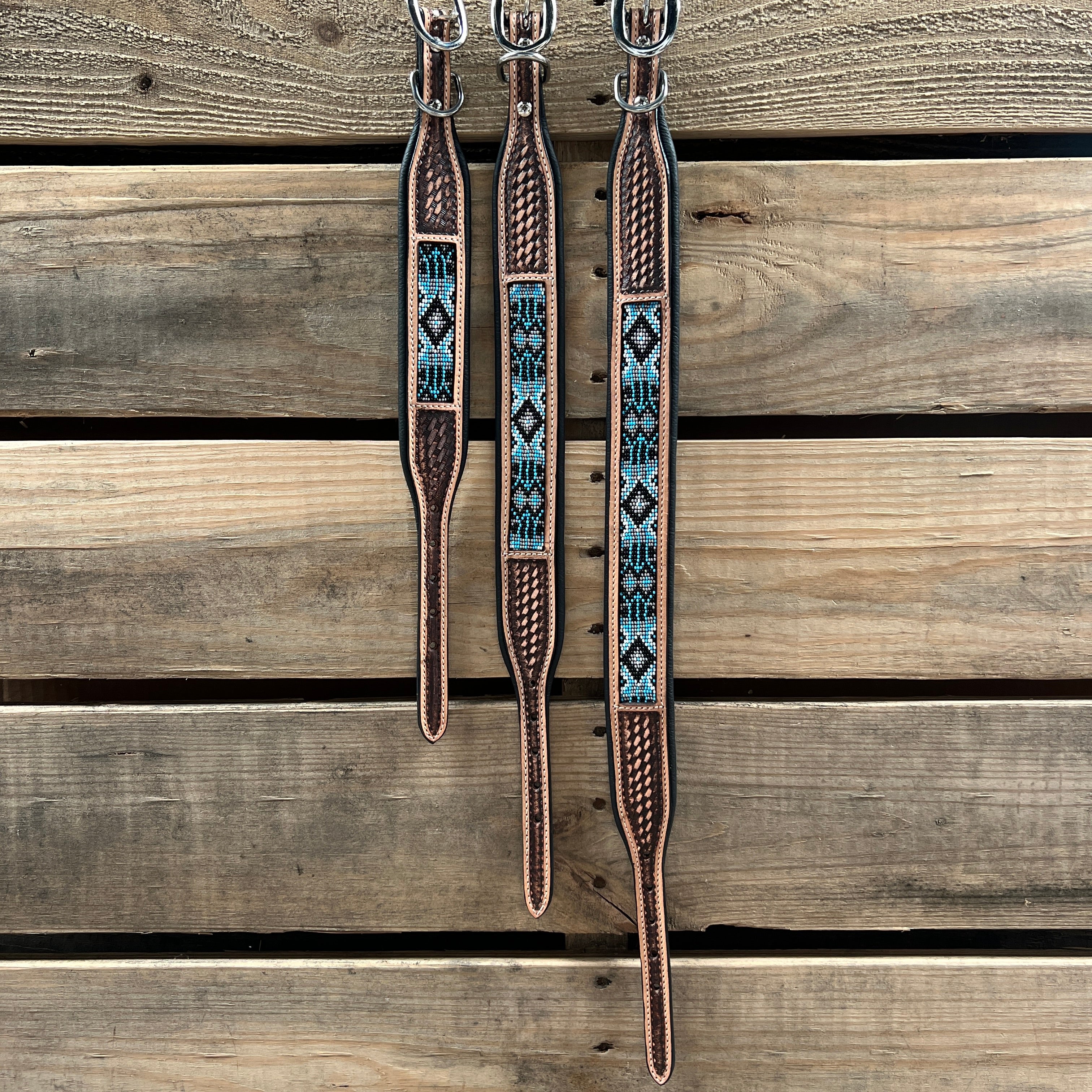 Tooled Light Blue and Black Genuine Leather Beaded Dog Collar #DC446