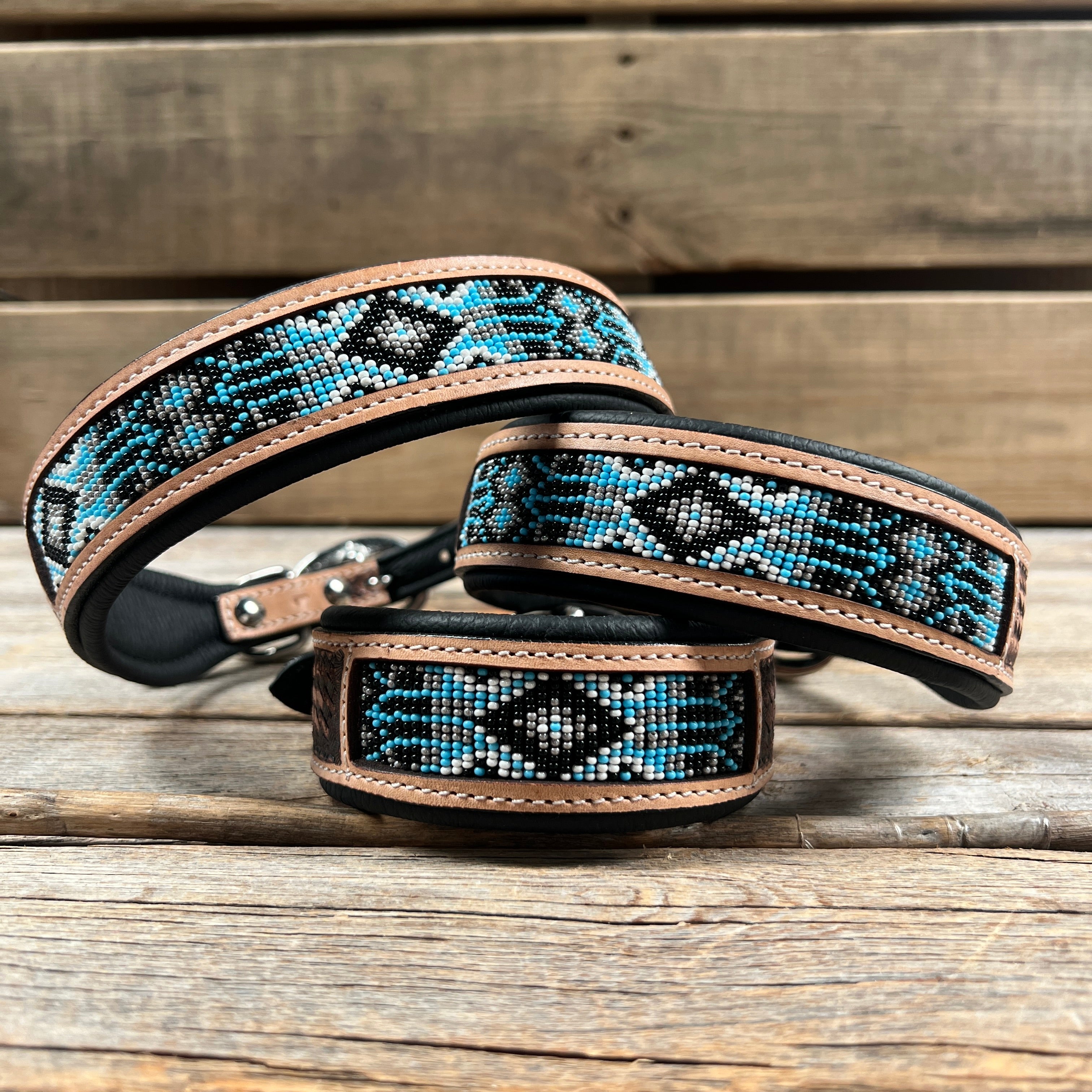 Tooled Light Blue and Black Genuine Leather Beaded Dog Collar #DC446