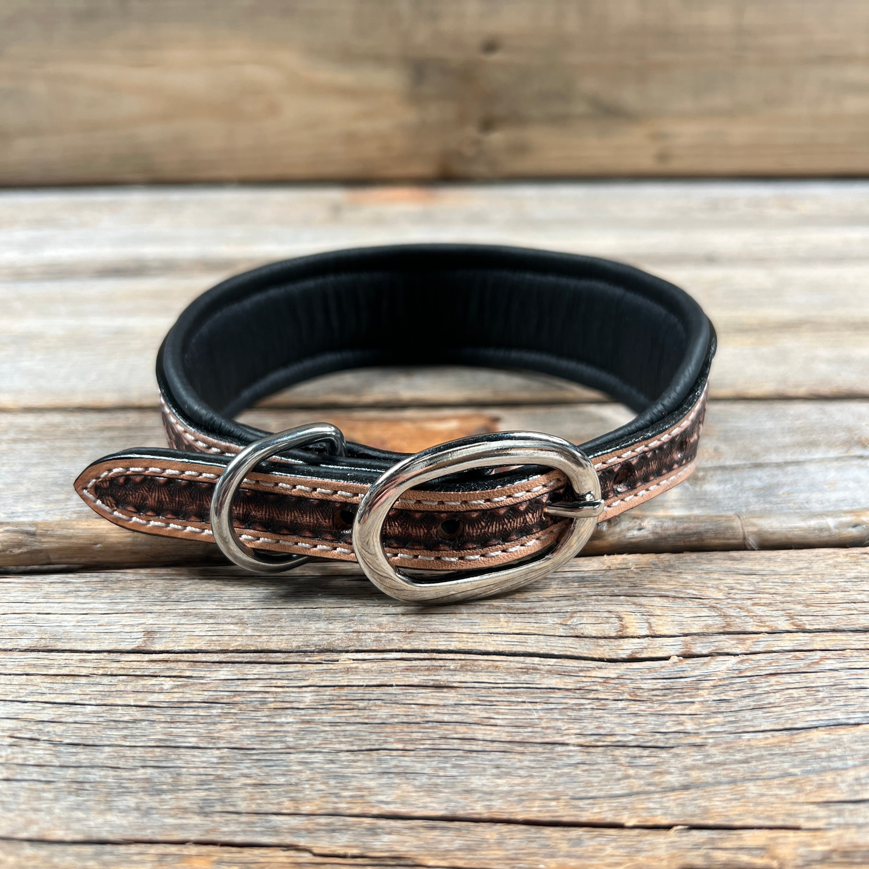 Tooled Light Blue and Black Genuine Leather Beaded Dog Collar #DC446