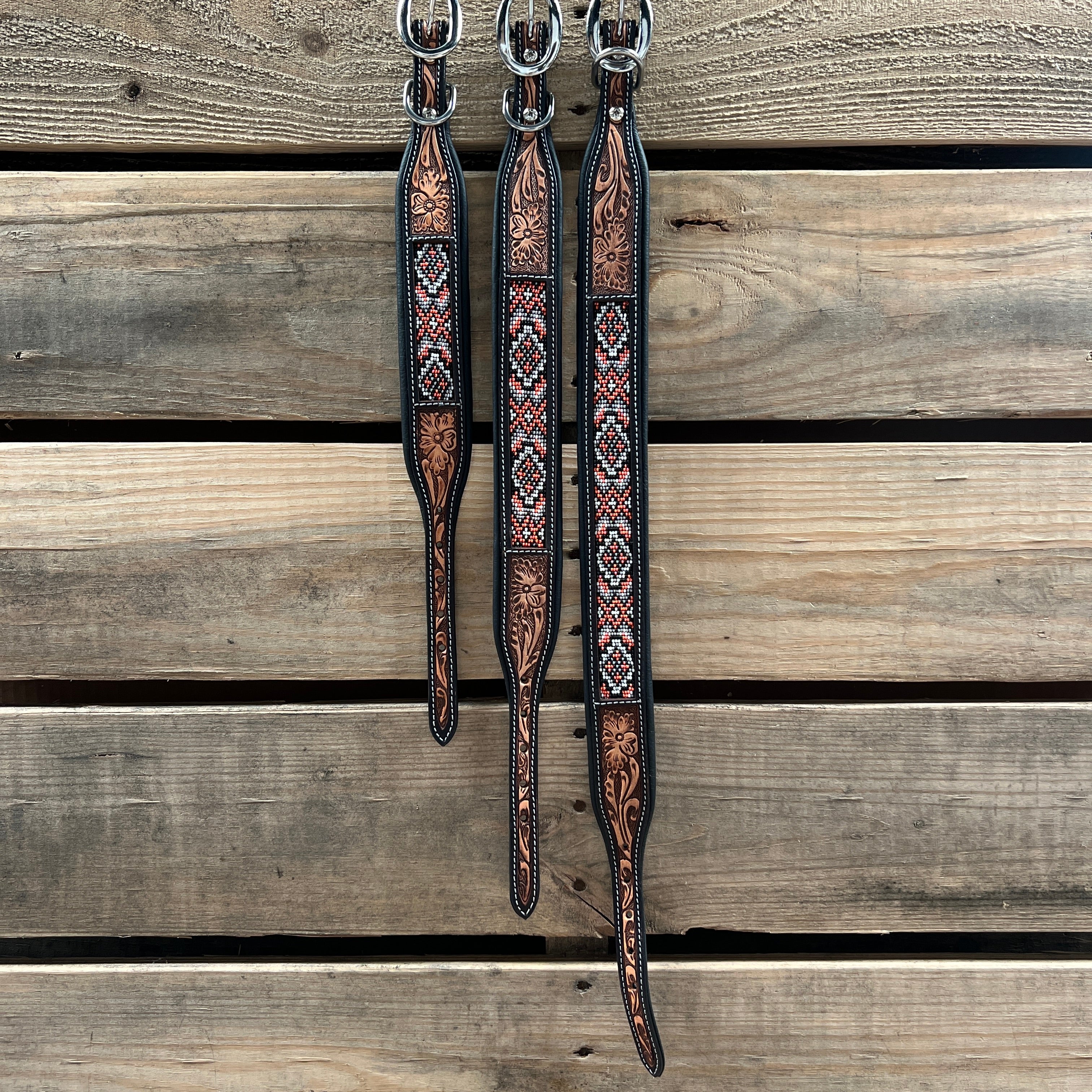 Tooled Peach and Black Genuine Leather Beaded Dog Collar #DC445