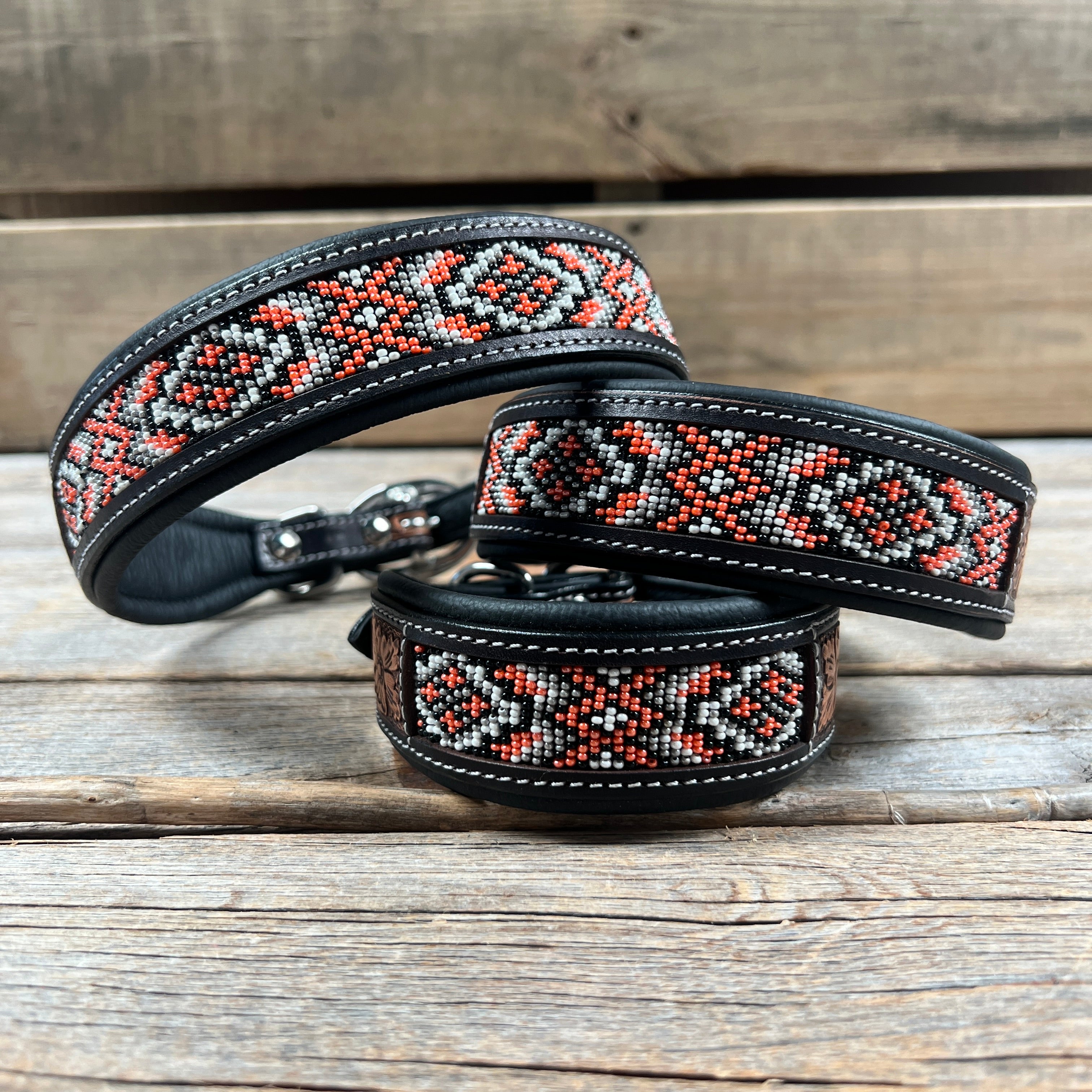 Tooled Peach and Black Genuine Leather Beaded Dog Collar #DC445