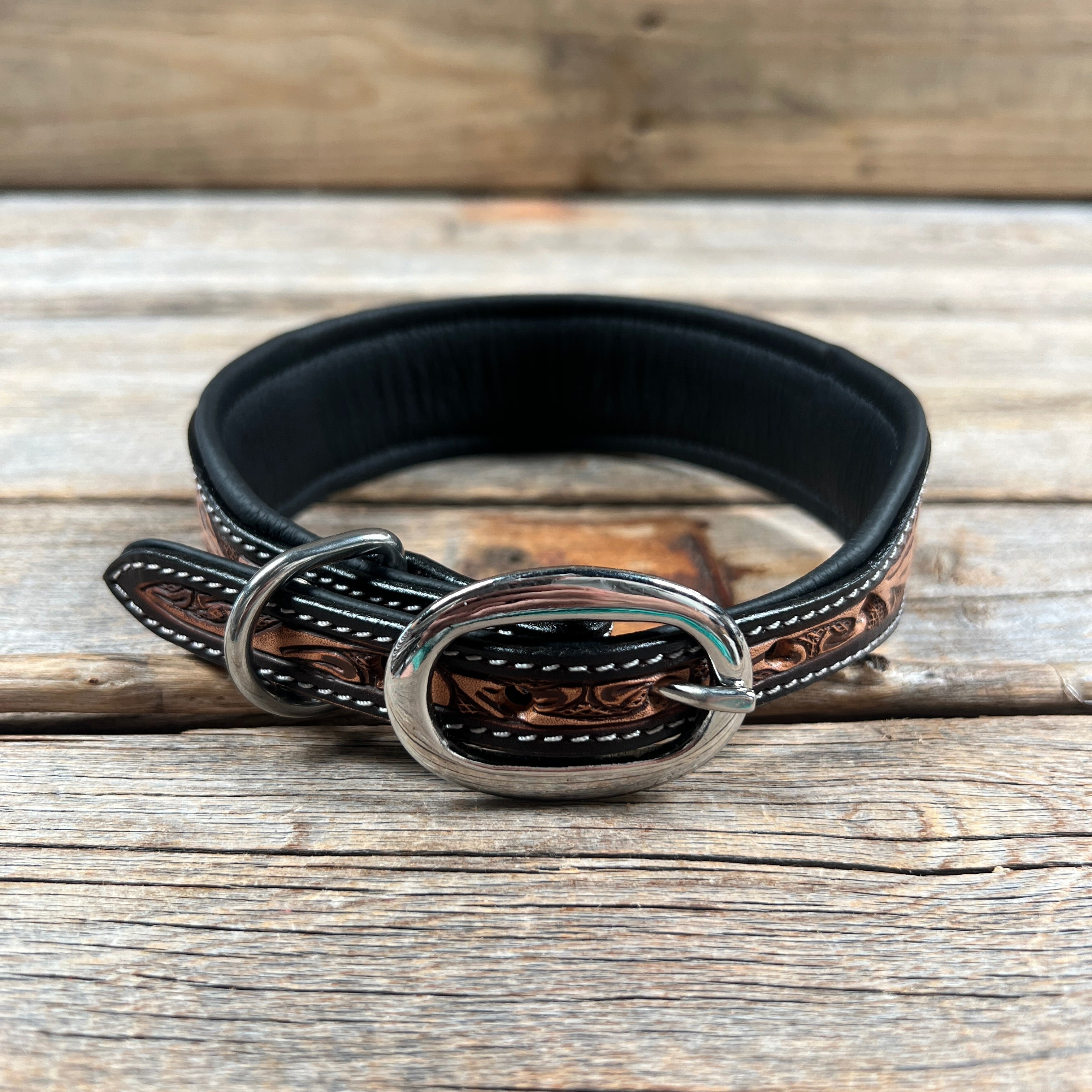 Tooled Peach and Black Genuine Leather Beaded Dog Collar #DC445