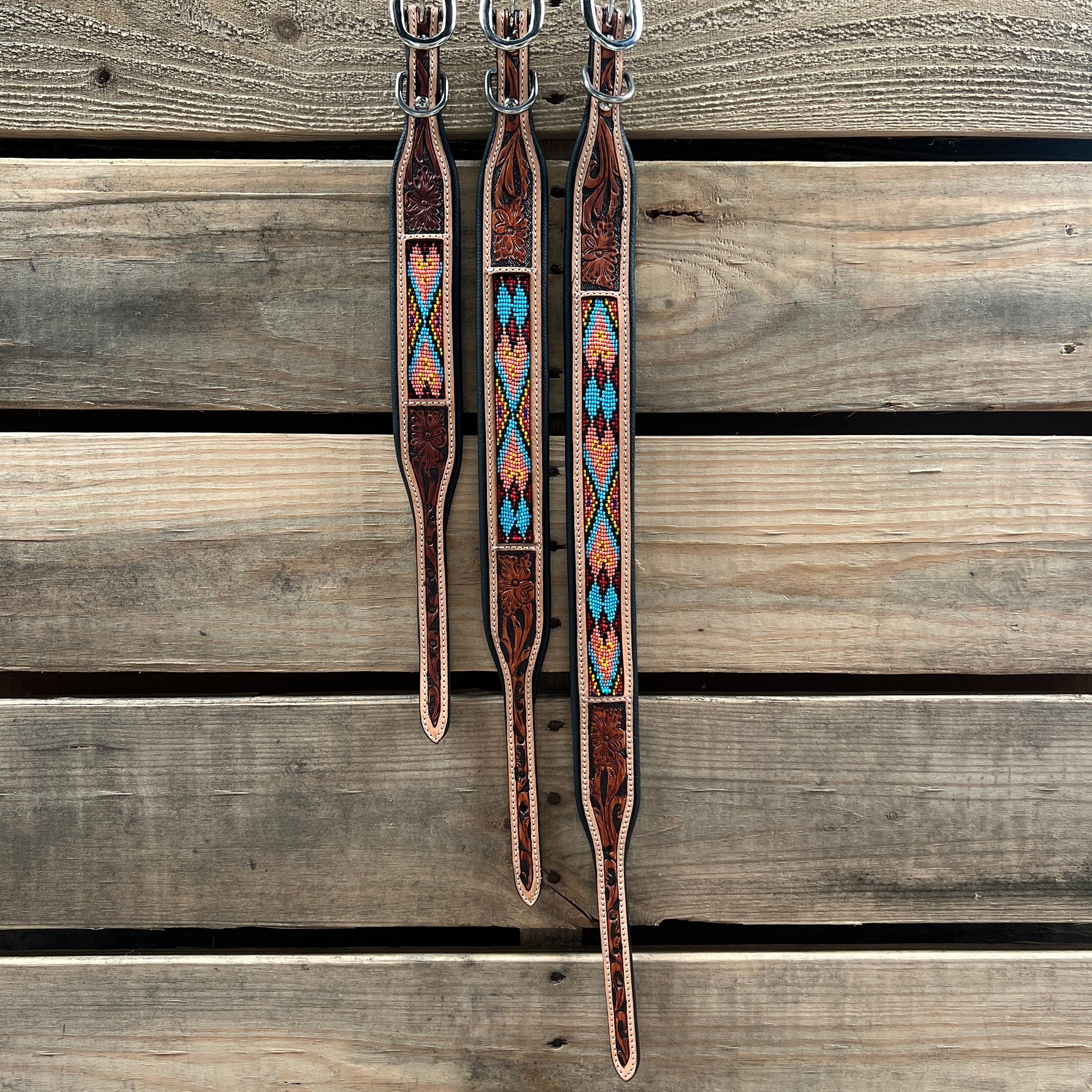 Tooled Peach and Red Genuine Leather Beaded Dog Collar #DC444