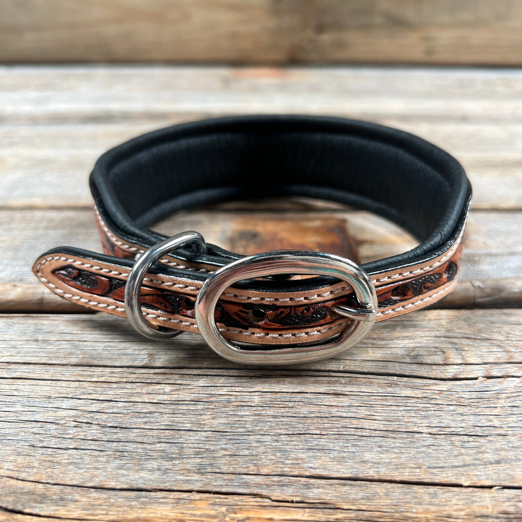 Tooled Peach and Red Genuine Leather Beaded Dog Collar #DC444