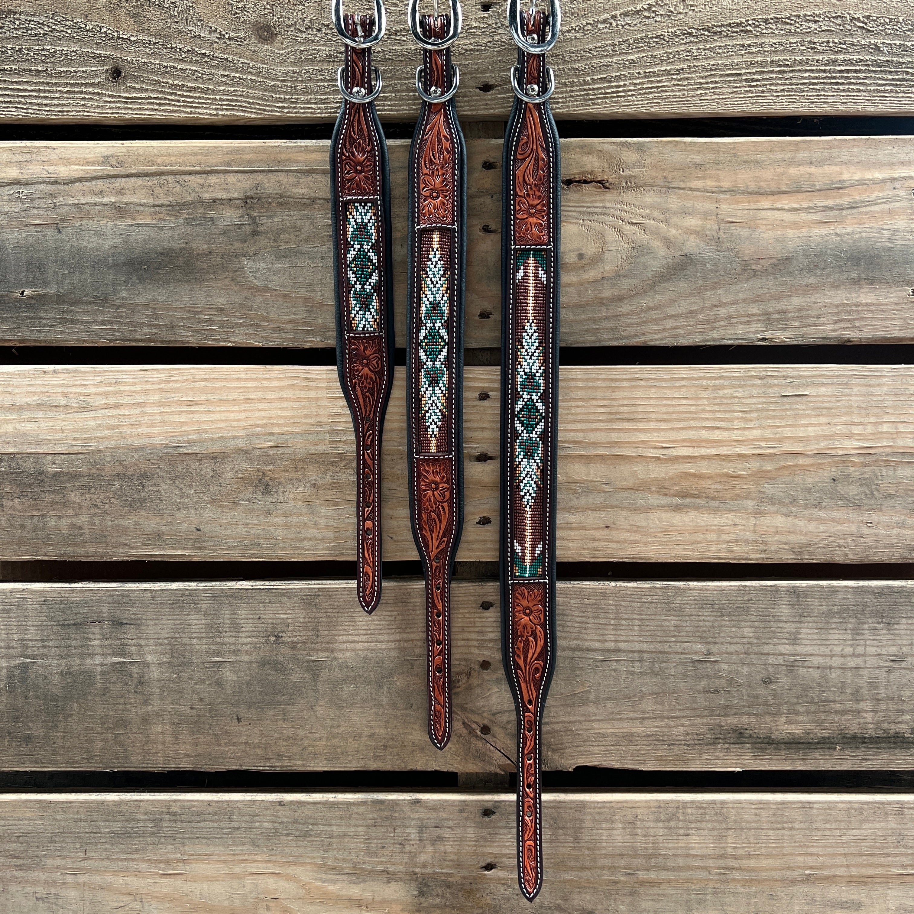 Tooled Green and Brown Genuine Leather Beaded Dog Collar #DC447