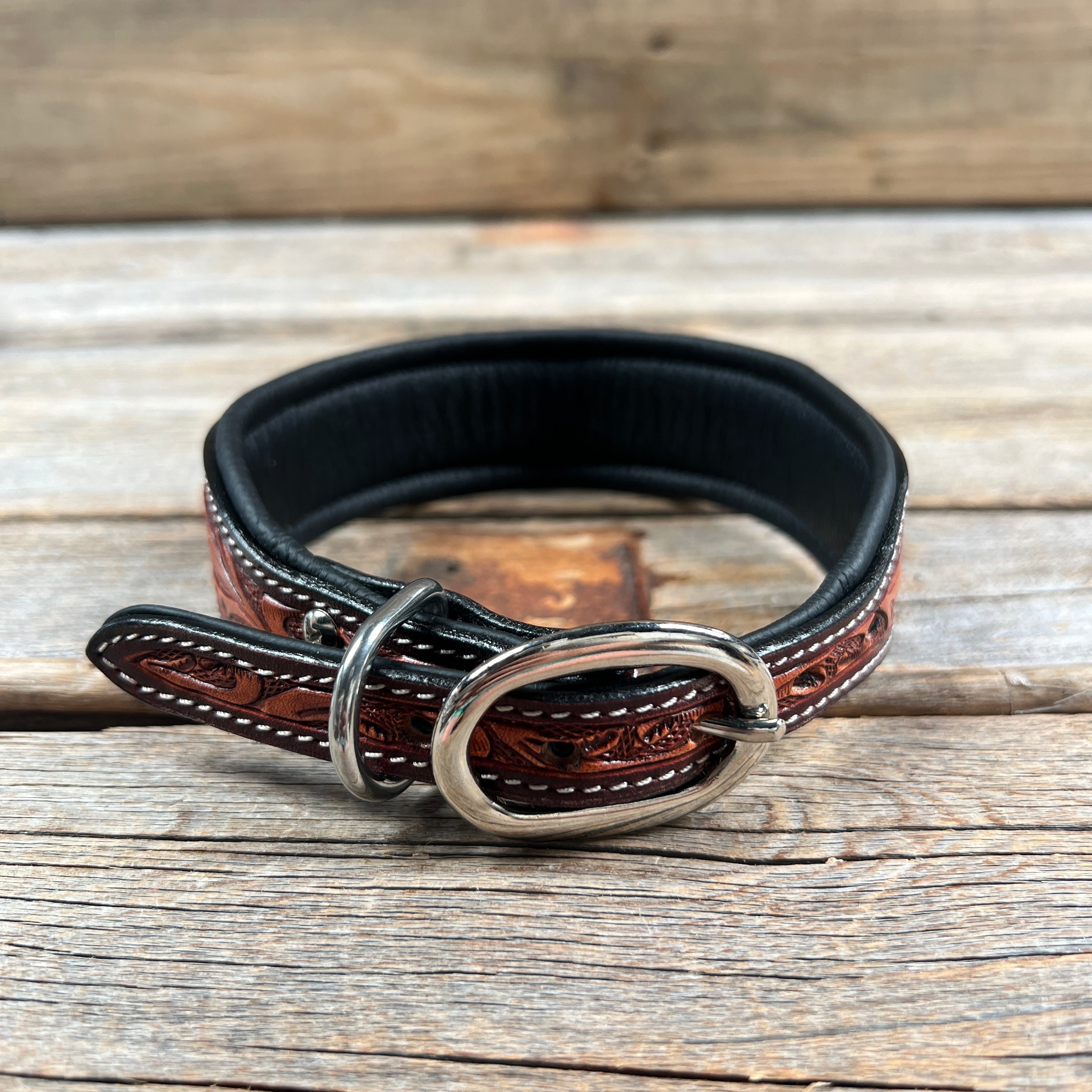 Tooled Green and Brown Genuine Leather Beaded Dog Collar #DC447