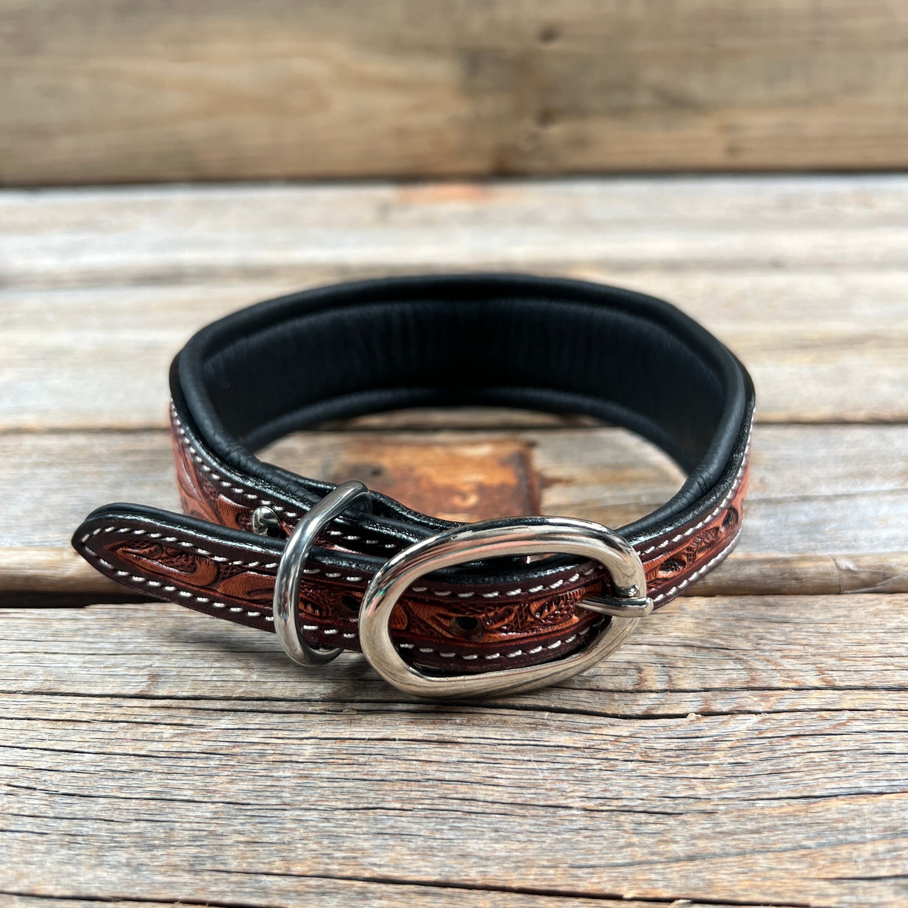 Tooled Green and Brown Genuine Leather Beaded Dog Collar #DC447
