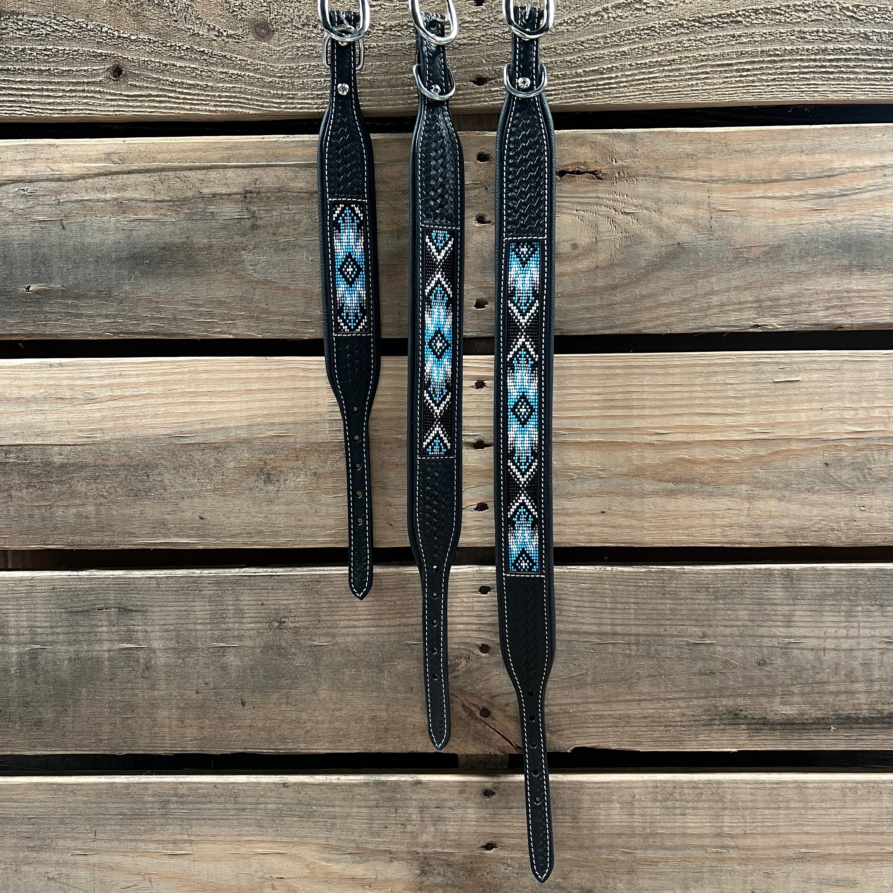 Tooled Light Blue Genuine Leather Beaded Dog Collar #DC441