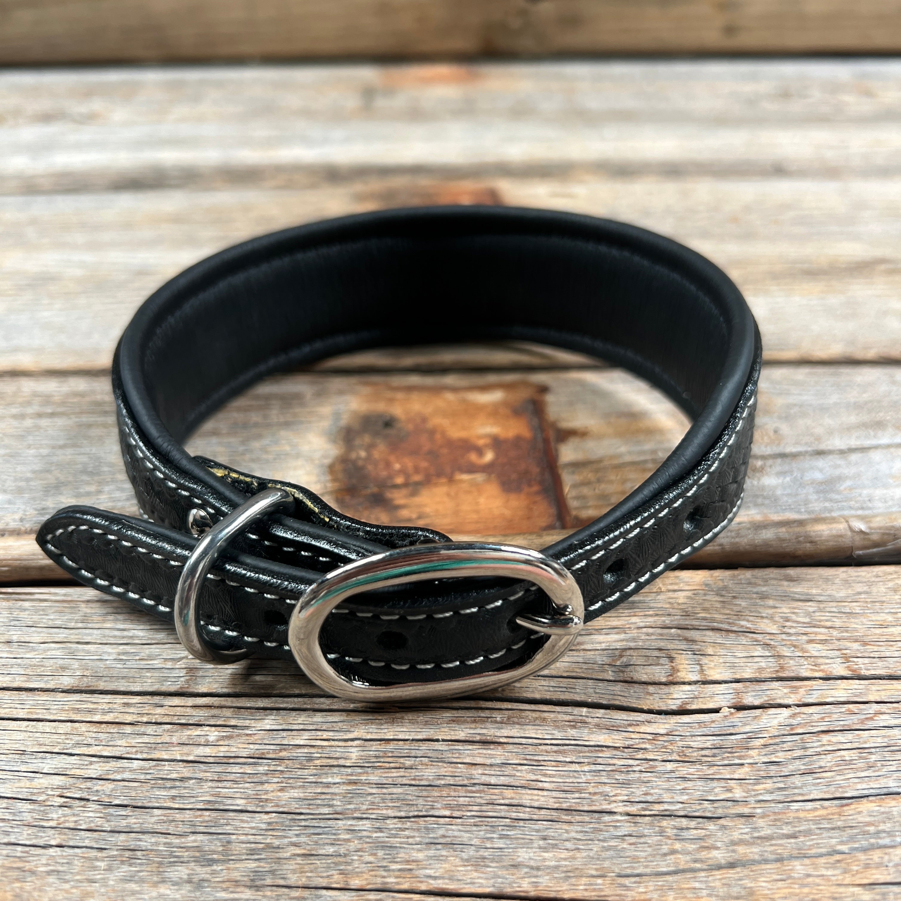 Tooled Light Blue Genuine Leather Beaded Dog Collar #DC441