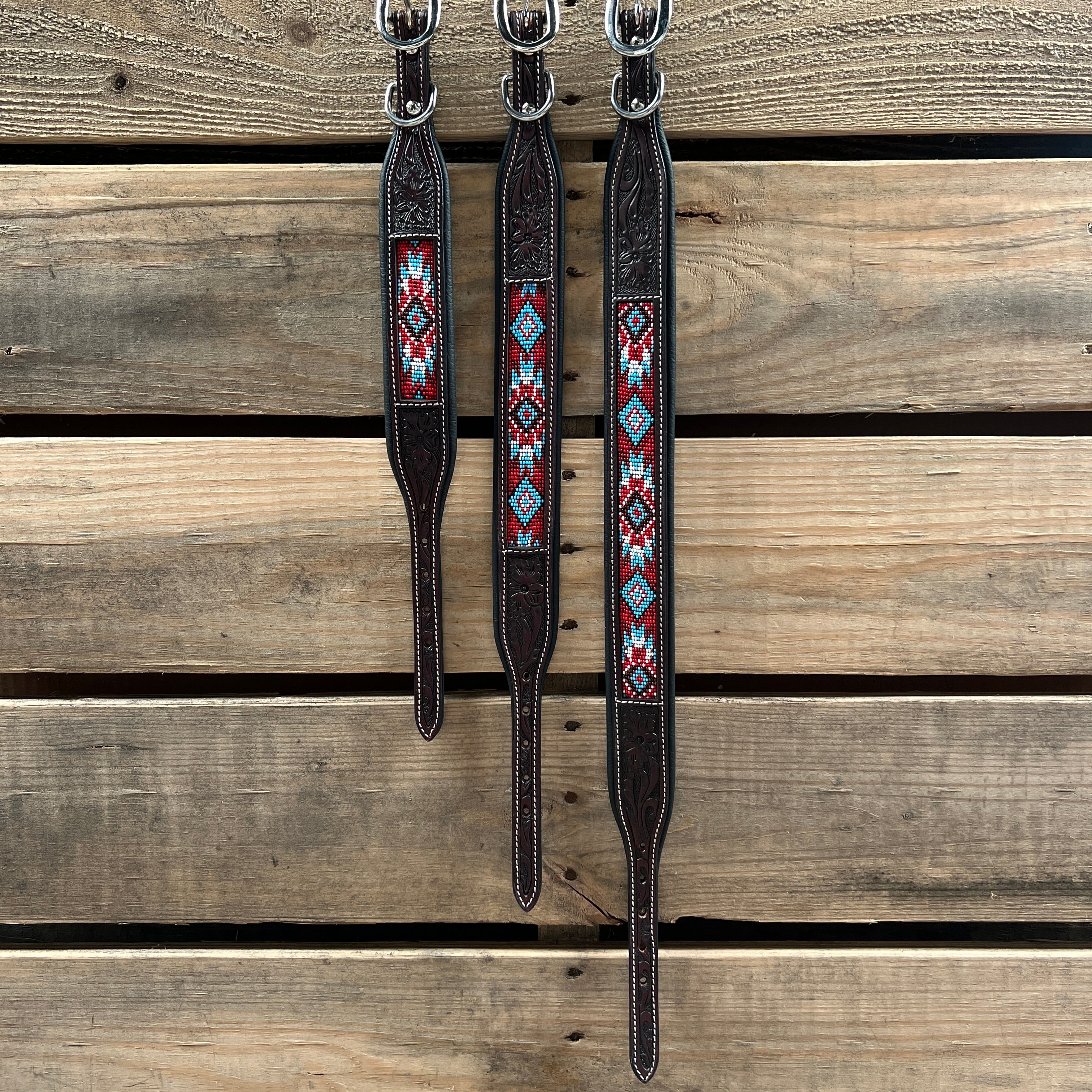 Tooled Red and Blue Genuine Leather Beaded Dog Collar #DC442