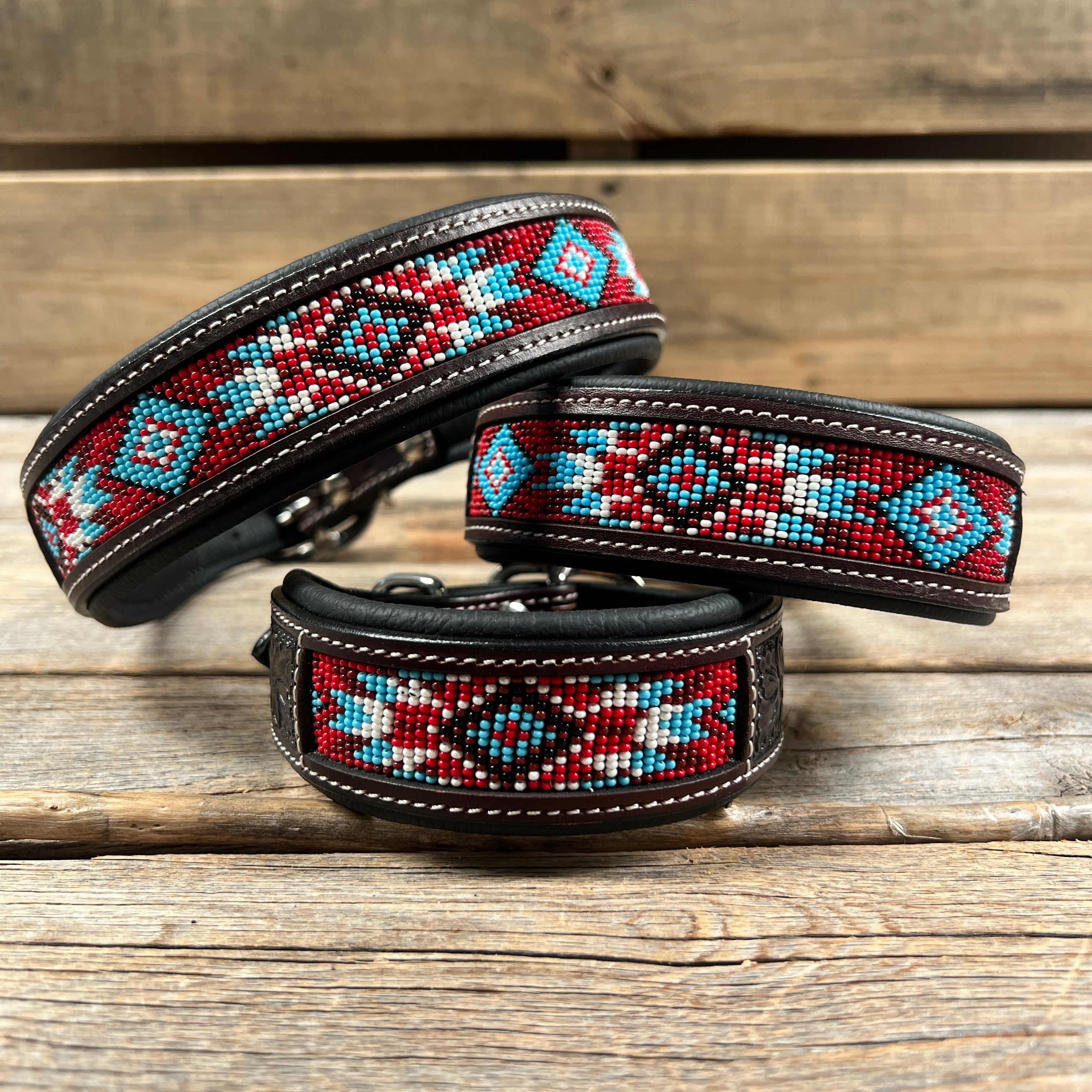 Tooled Red and Blue Genuine Leather Beaded Dog Collar #DC442