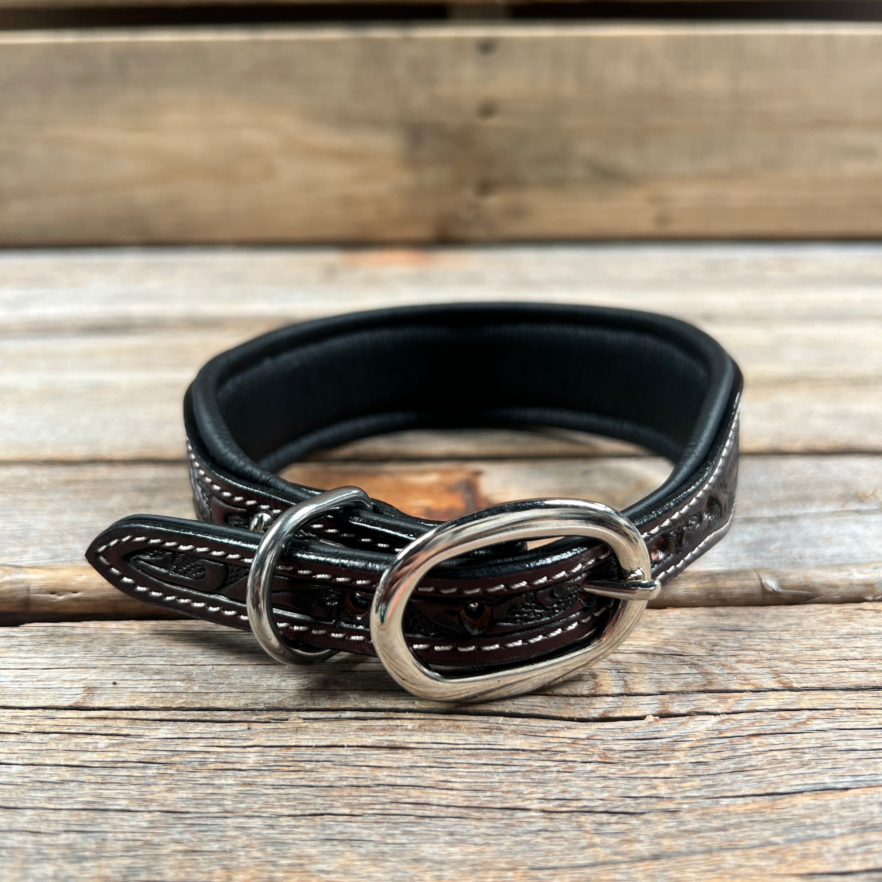 Tooled Red and Blue Genuine Leather Beaded Dog Collar #DC442