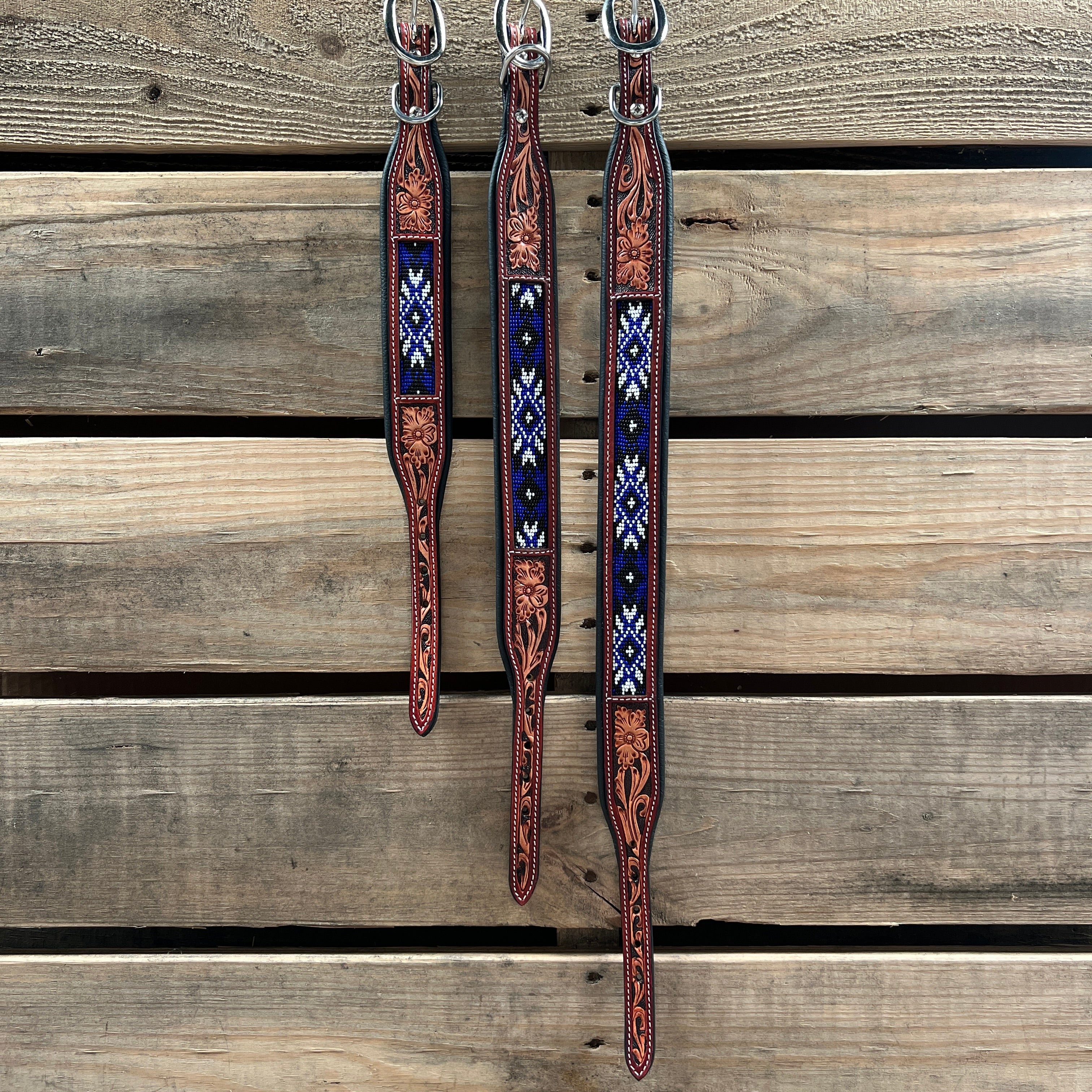 Tooled Blue and White Genuine Leather Beaded Dog Collar #DC440