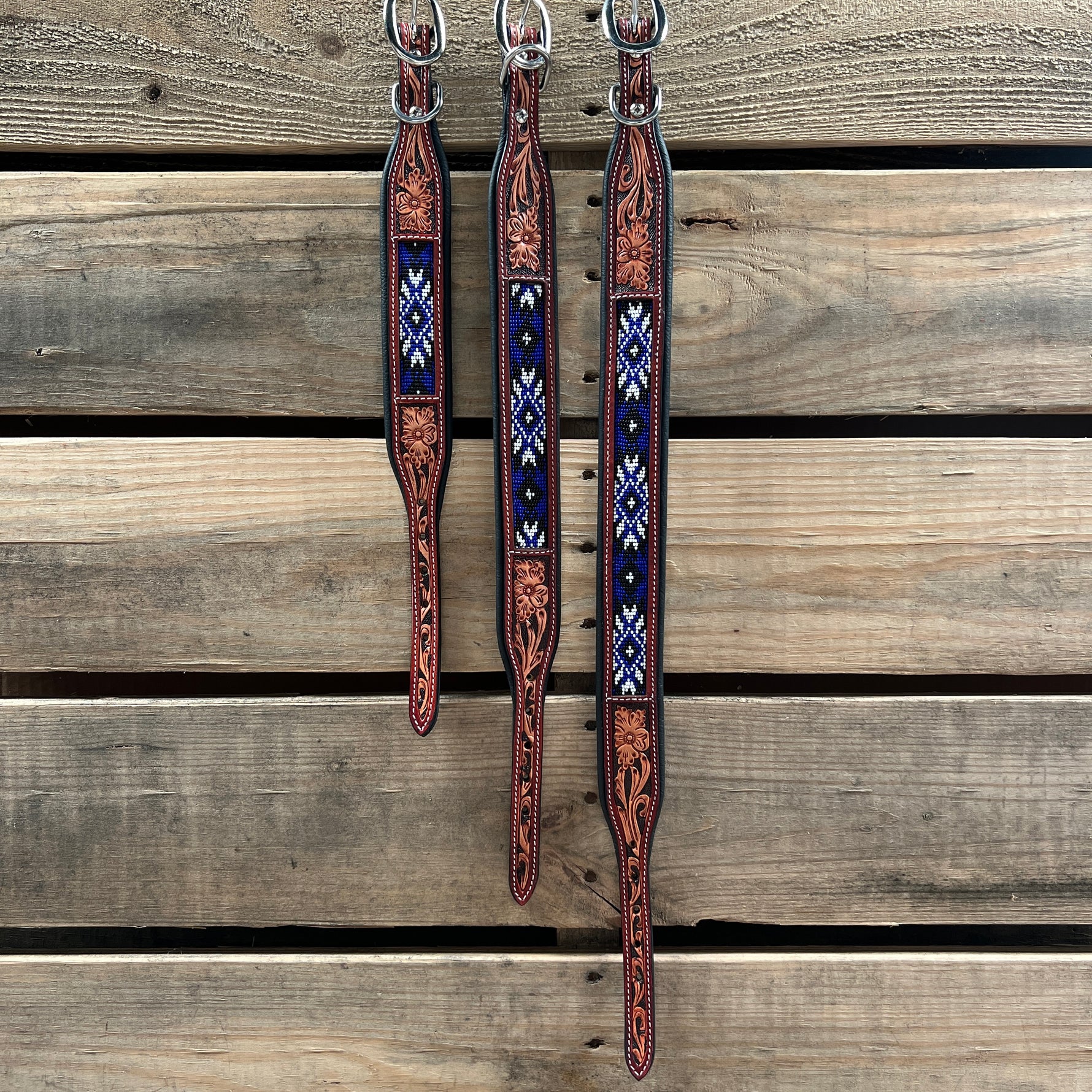 Tooled Blue and White Genuine Leather Beaded Dog Collar #DC440