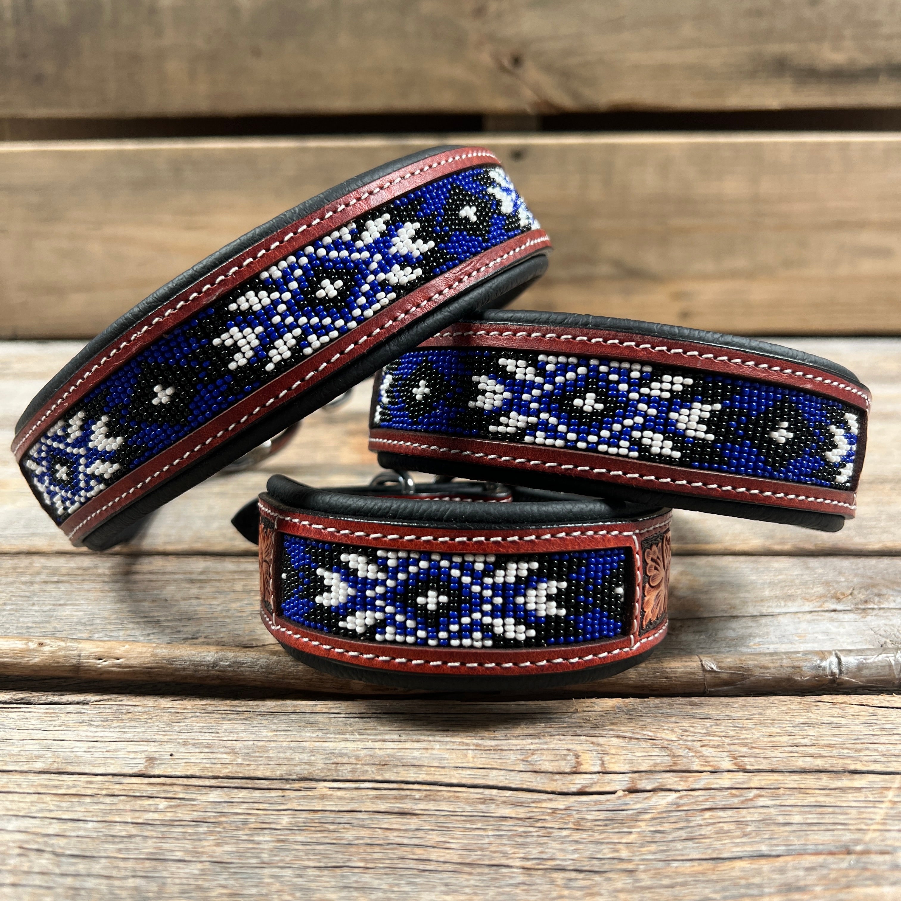 Tooled Blue and White Genuine Leather Beaded Dog Collar #DC440